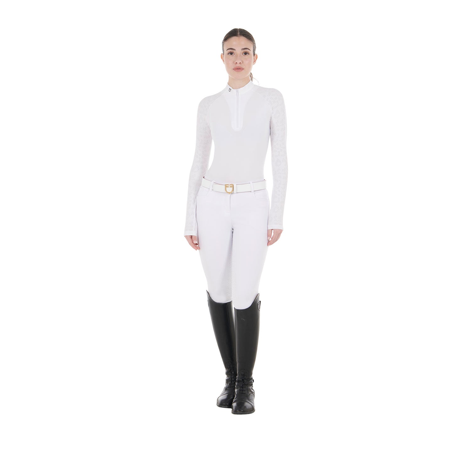 Equestro women's tulle stretch competition polo shirt ls zip - Colore WHITE