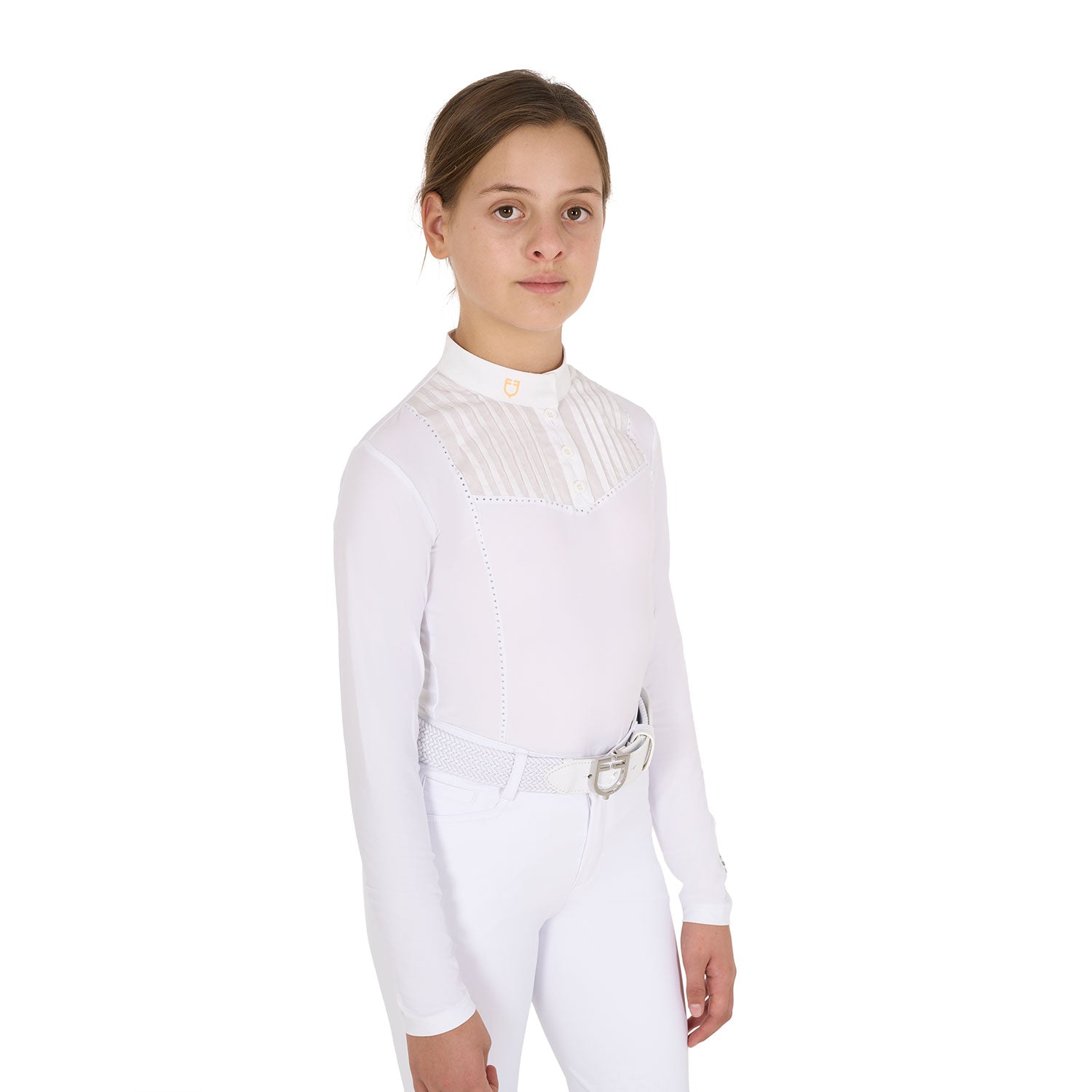 Equestro girl's rhinestone competition polo shirt ls buttons - Colore WHITE