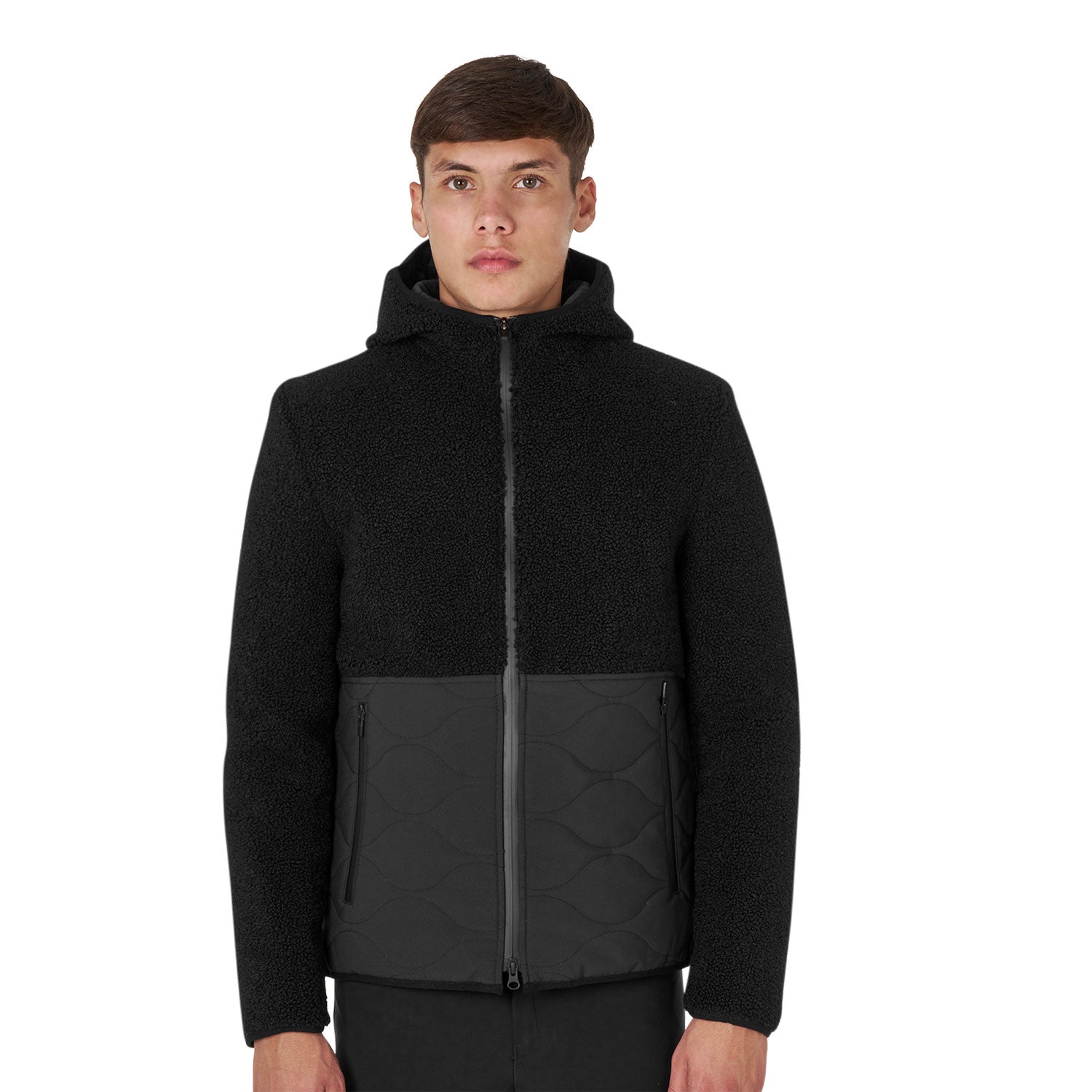 Equestro men's teddy + nylon full zip hybrid jacket with hood - neutra