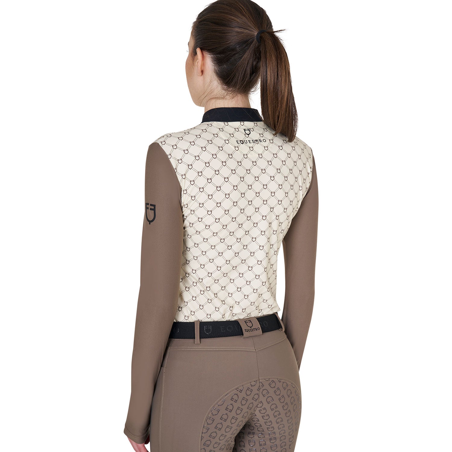 Equestro women's training monogram print polo shirt ls zip - Colore ANTIQUE WHITE (11-0105)/WALNUT (18-1112)