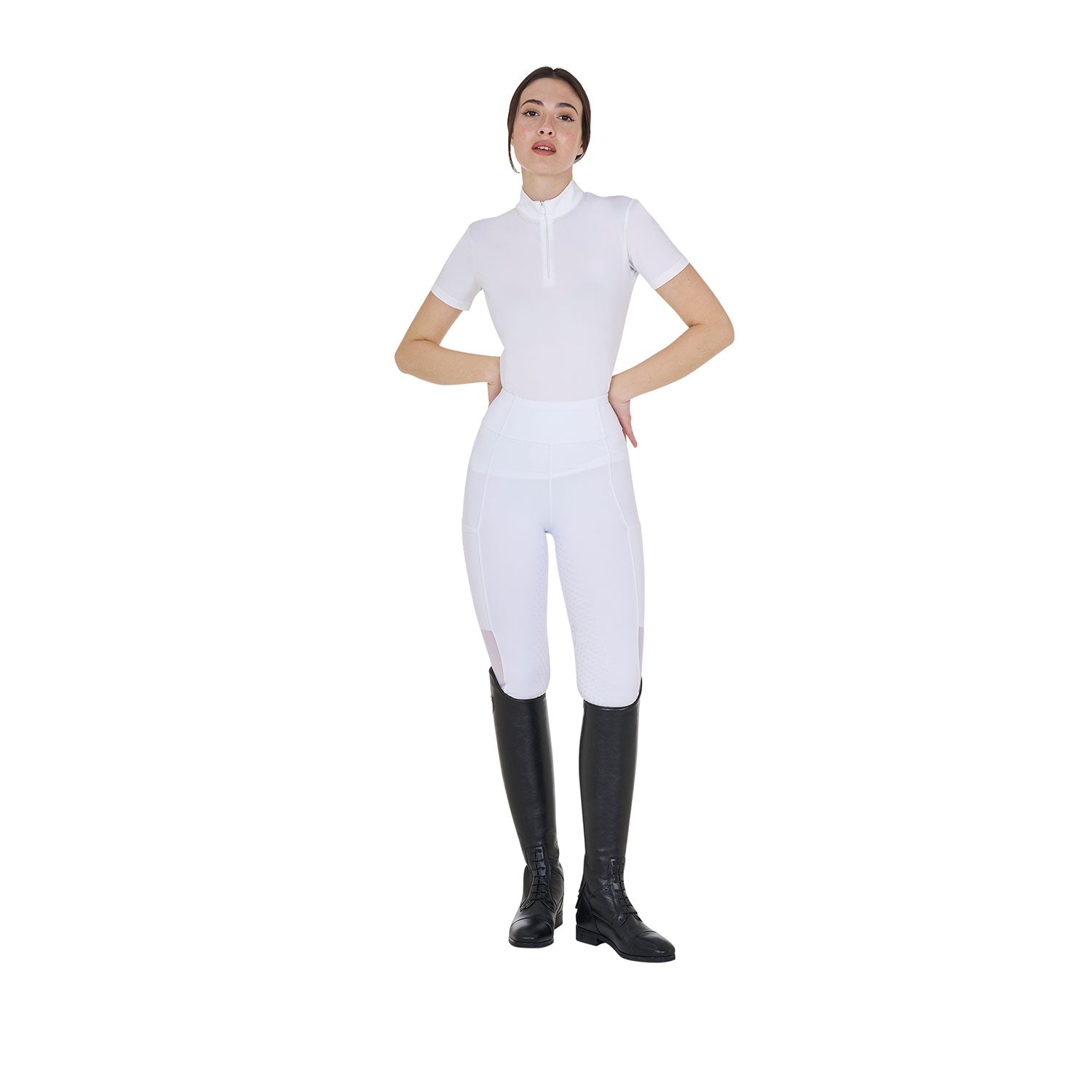 Equestro women's pearl training polo shirt ss zip - Colore WHITE