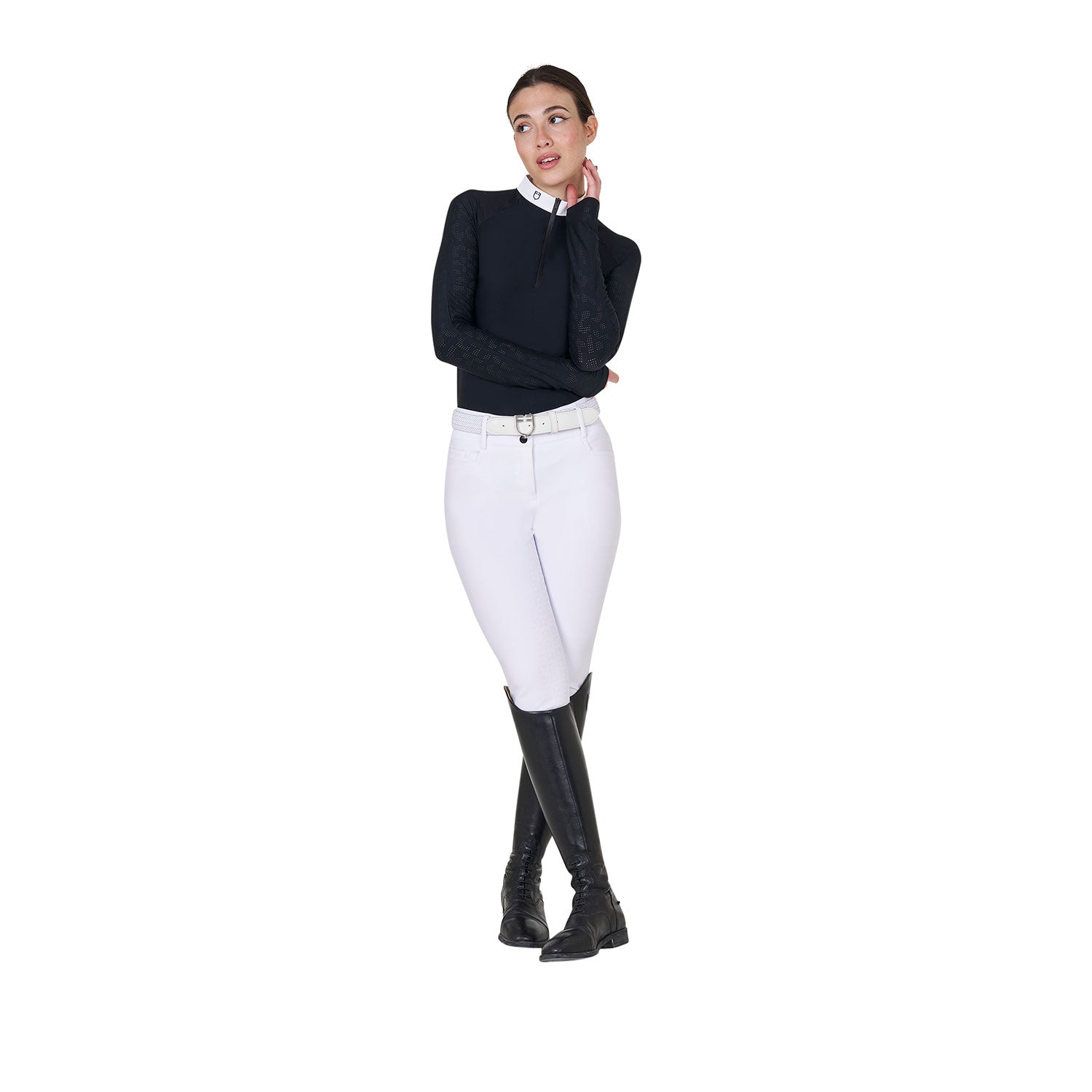 Equestro women's tulle stretch competition polo shirt ls zip - Colore BLACK