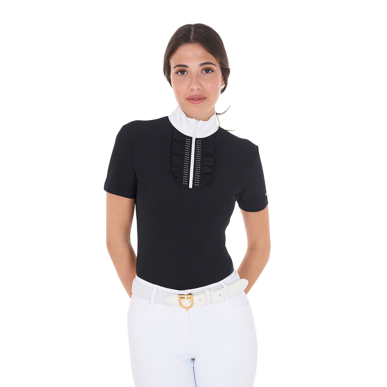 Equestro women's strass ruches polo shirt ss zip - neutra