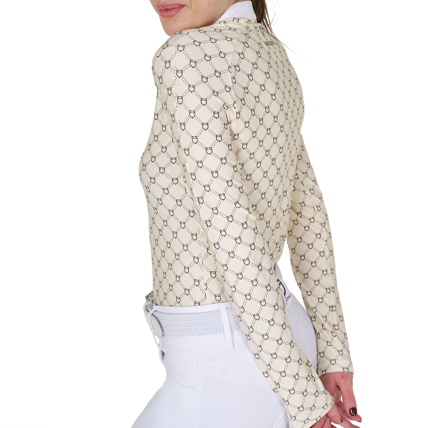 Equestro women's competition monogram print polo shirt ls zip - Colore ANTIQUE WHITE (11-0105)/WALNUT (18-1112)