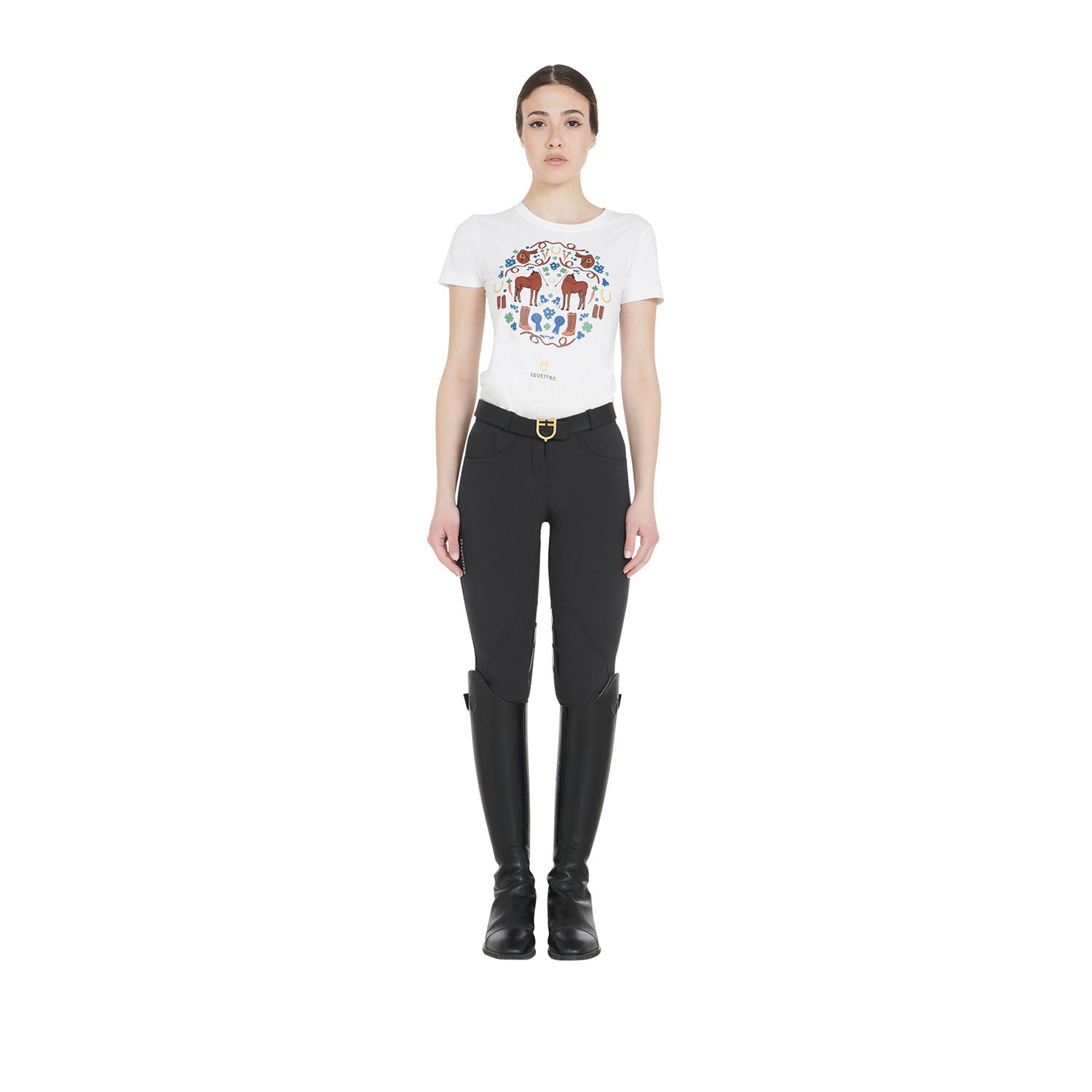 Pantaloni Equitazione donna in tessuto tecnico con grip al ginocchio Equestro Clio BLACK