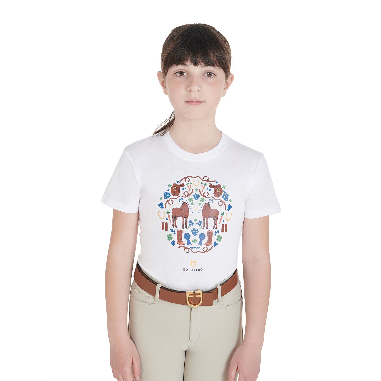 T-shirt bambina Equestro in morbido cotone a mezza manica con decorazione sul petto