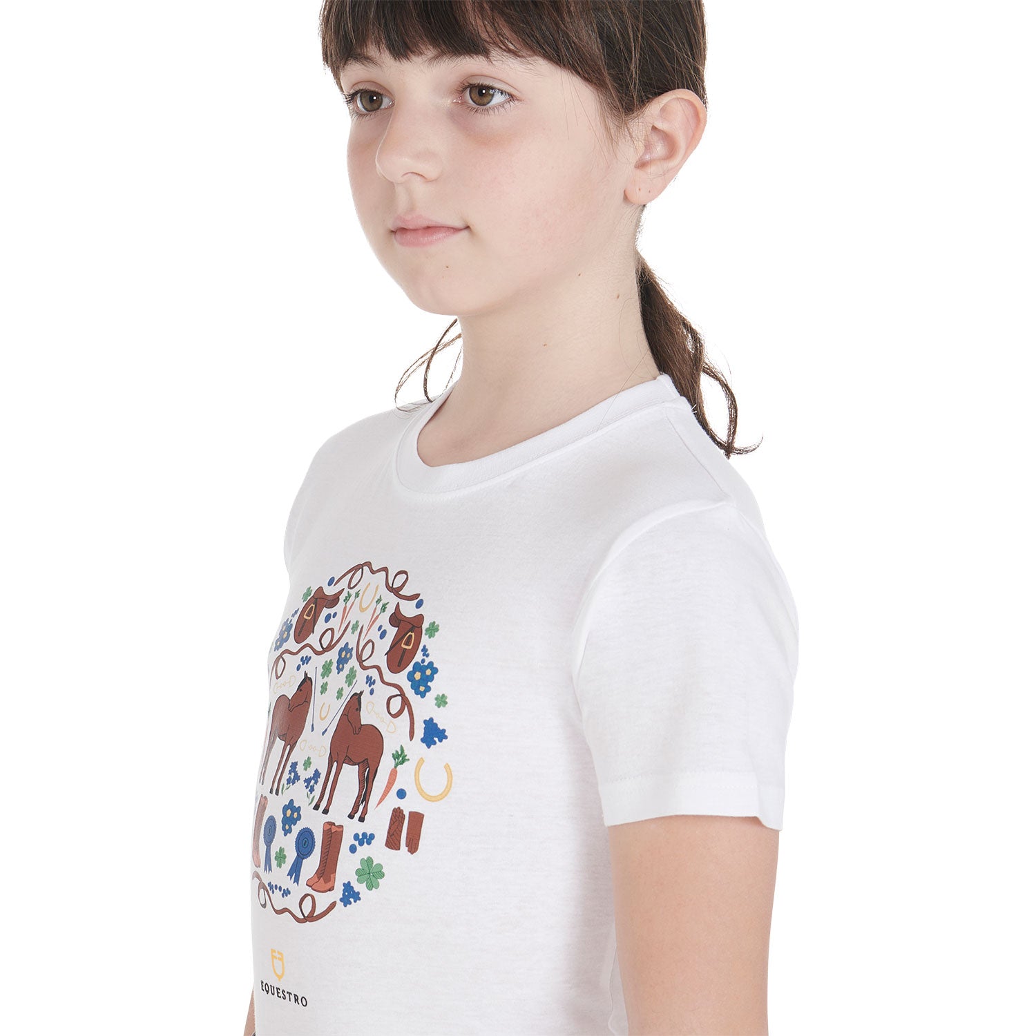 T-shirt bambina Equestro in morbido cotone a mezza manica con decorazione sul petto