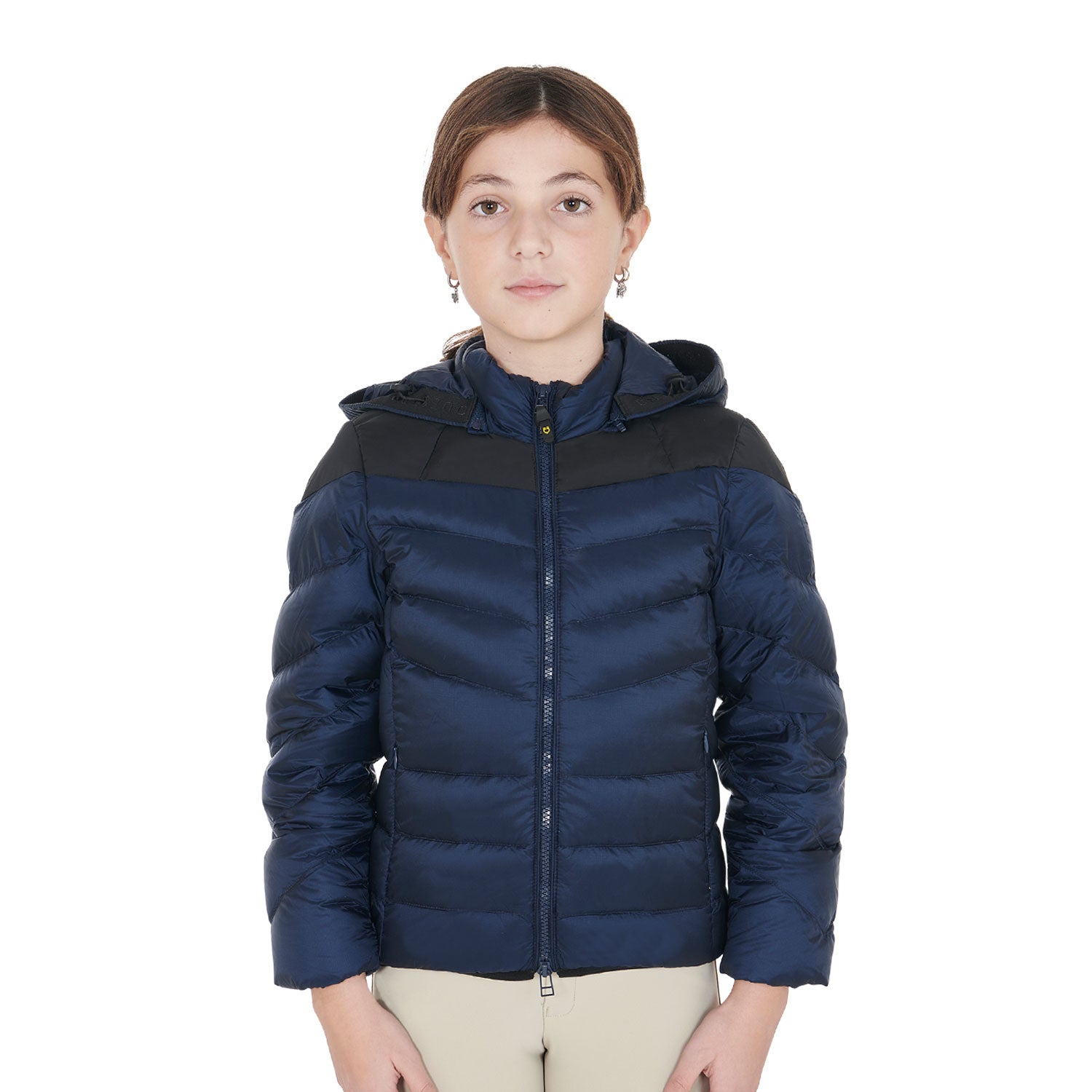 Giacca piumino Equestro slim fit da bambina con cappuccio removibile Blu navy