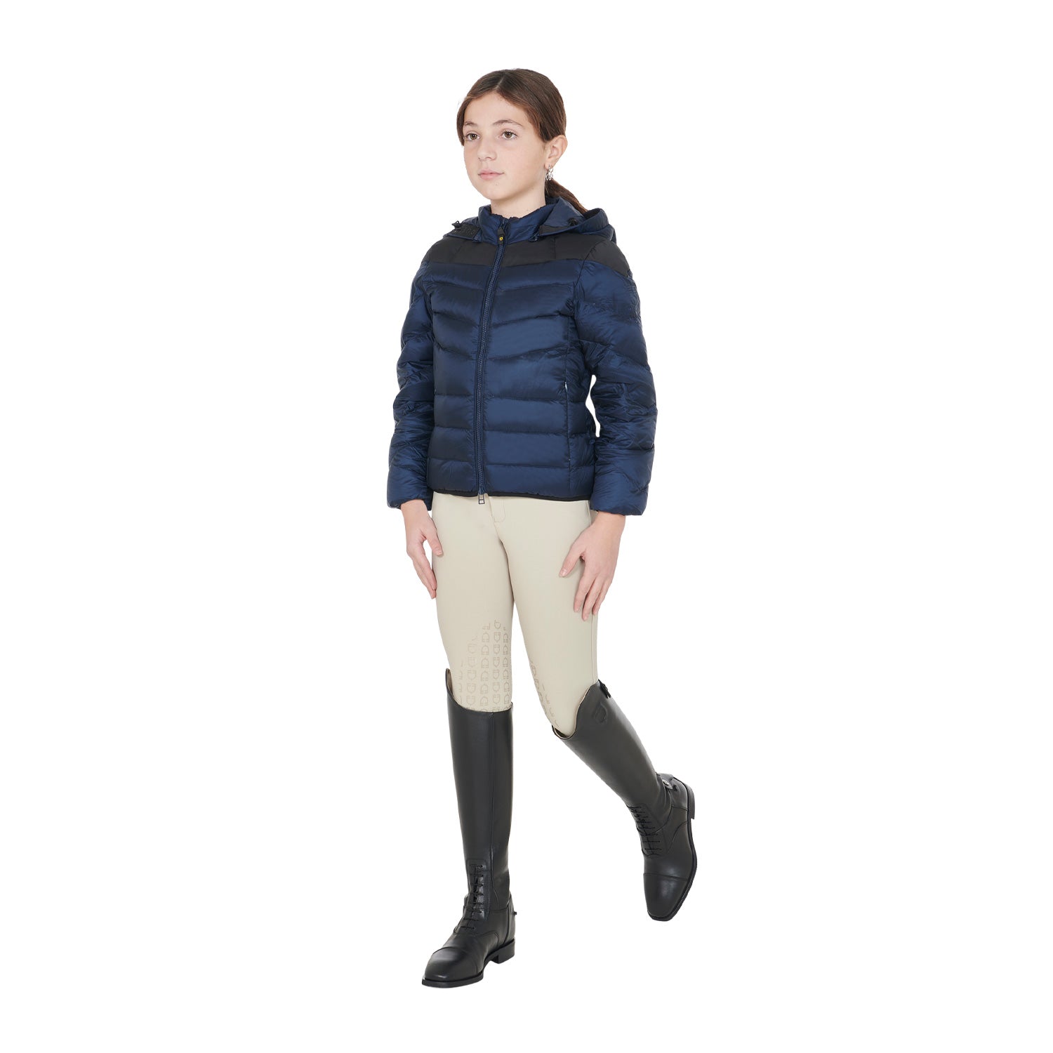 Giacca piumino Equestro slim fit da bambina con cappuccio removibile Blu navy