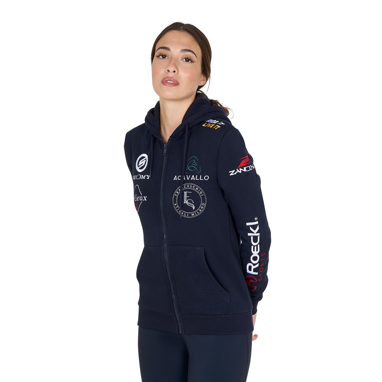 Felpa donna slim fit con cappuccio Equestro multilogo Suomy, Stubben, Acavallo, Zandonà