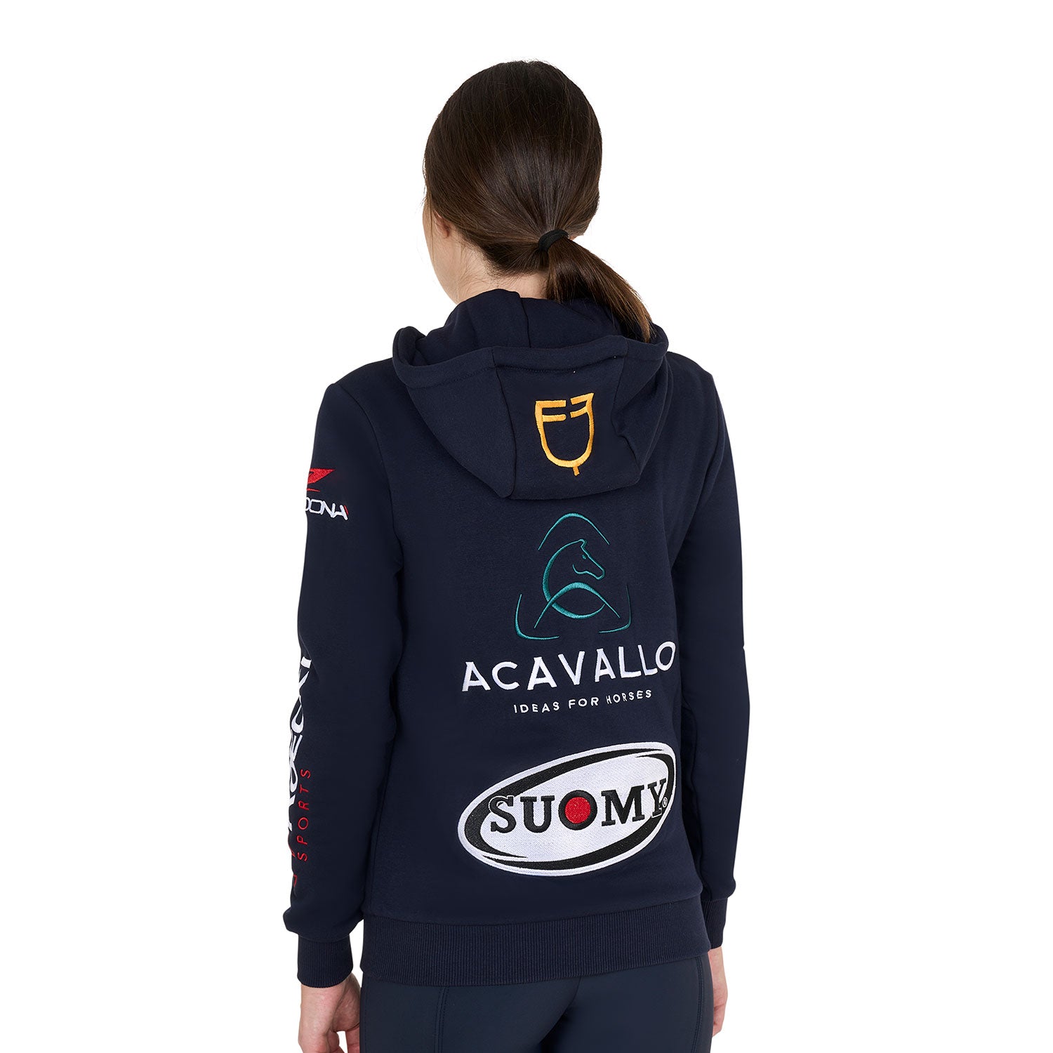 Felpa donna slim fit con cappuccio Equestro multilogo Suomy, Stubben, Acavallo, Zandonà