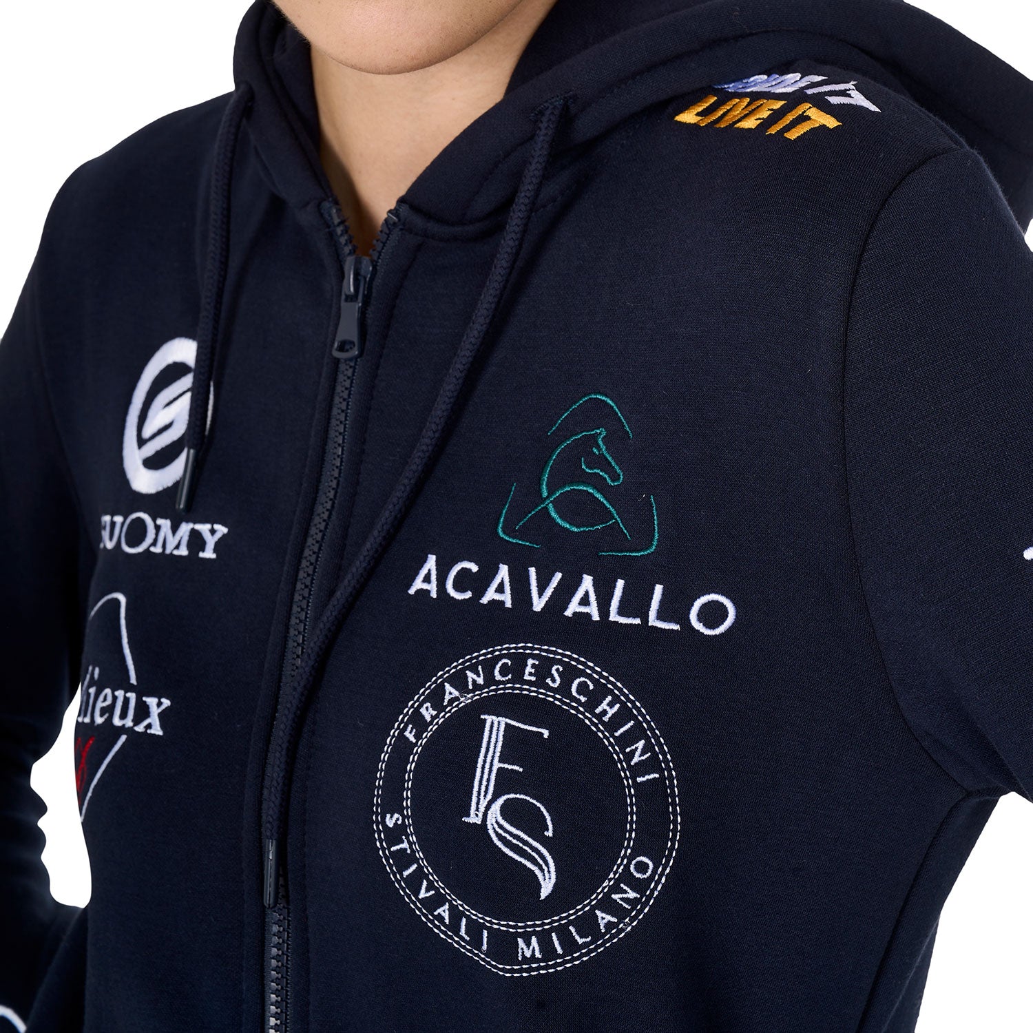 Felpa donna slim fit con cappuccio Equestro multilogo Suomy, Stubben, Acavallo, Zandonà