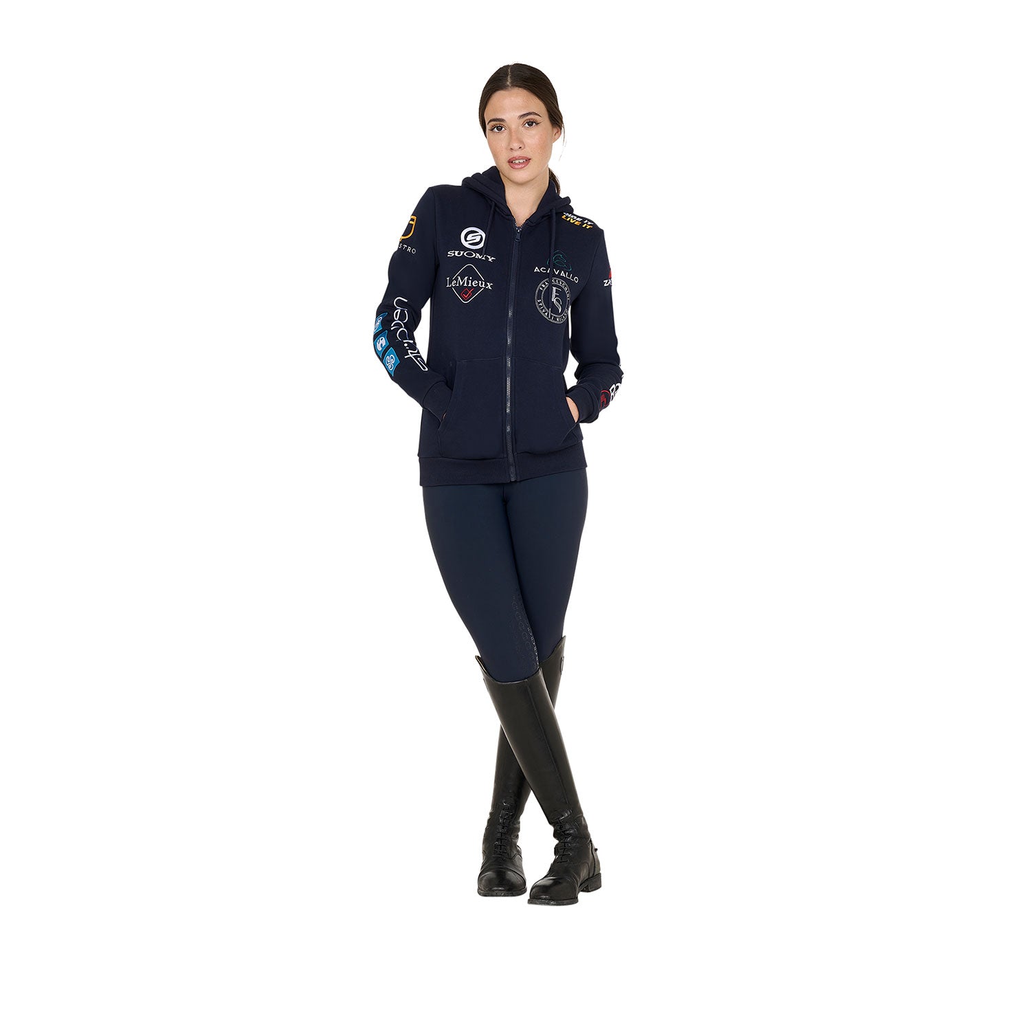 Felpa donna slim fit con cappuccio Equestro multilogo Suomy, Stubben, Acavallo, Zandonà