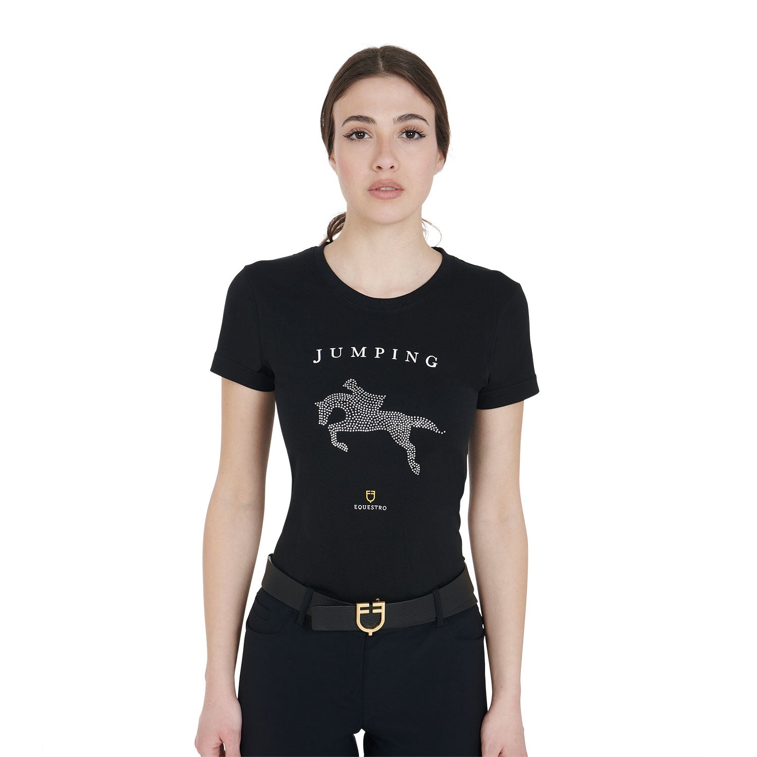 Equestro T Shirt Donna Slim Fit Disegno Salto con Strass
