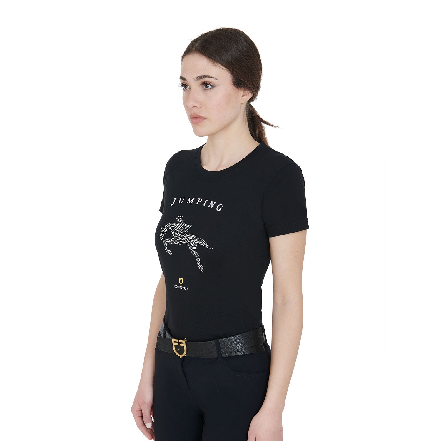 T-shirt donna slim fit disegno salto con strass