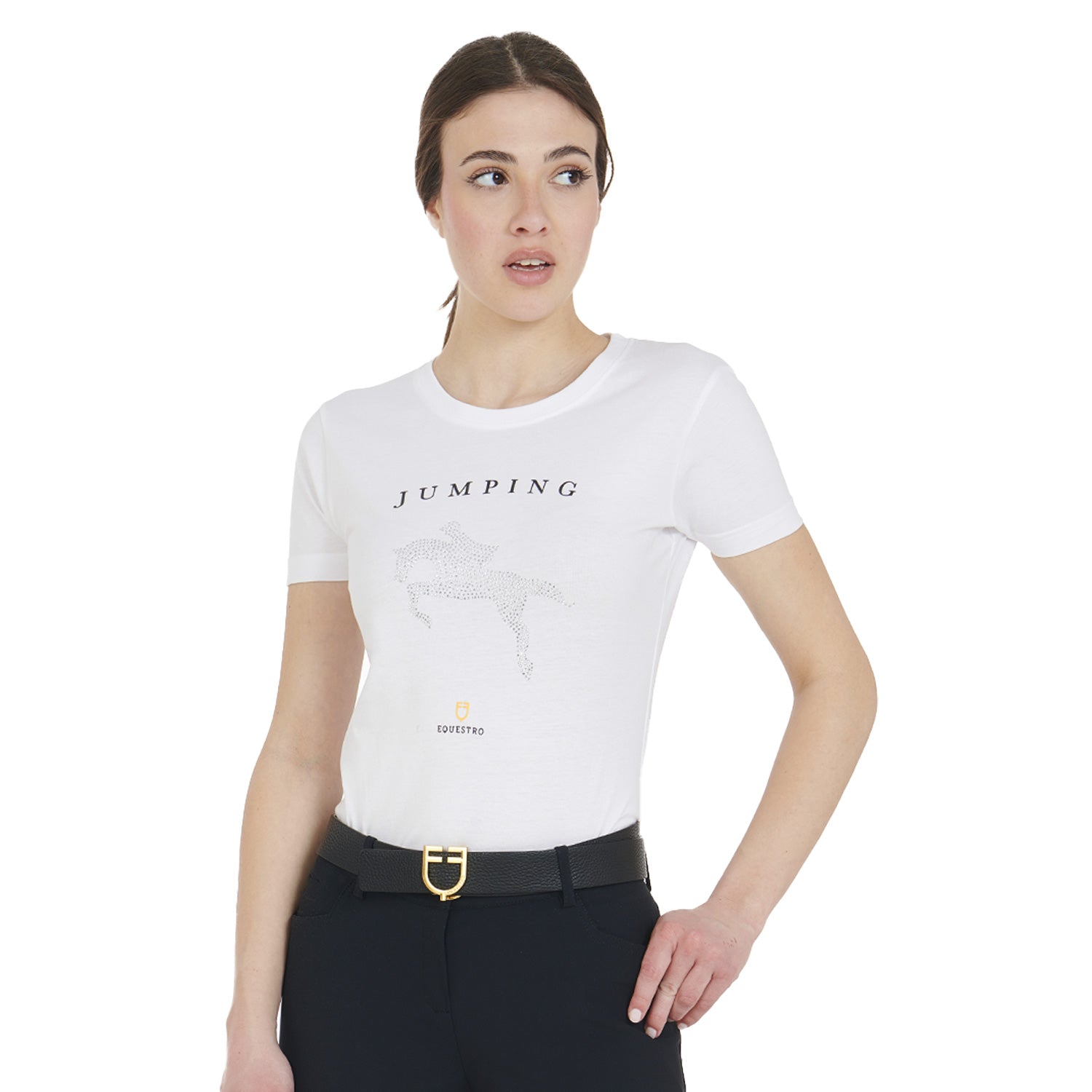 Equestro T Shirt Donna Slim Fit Disegno Salto con Strass