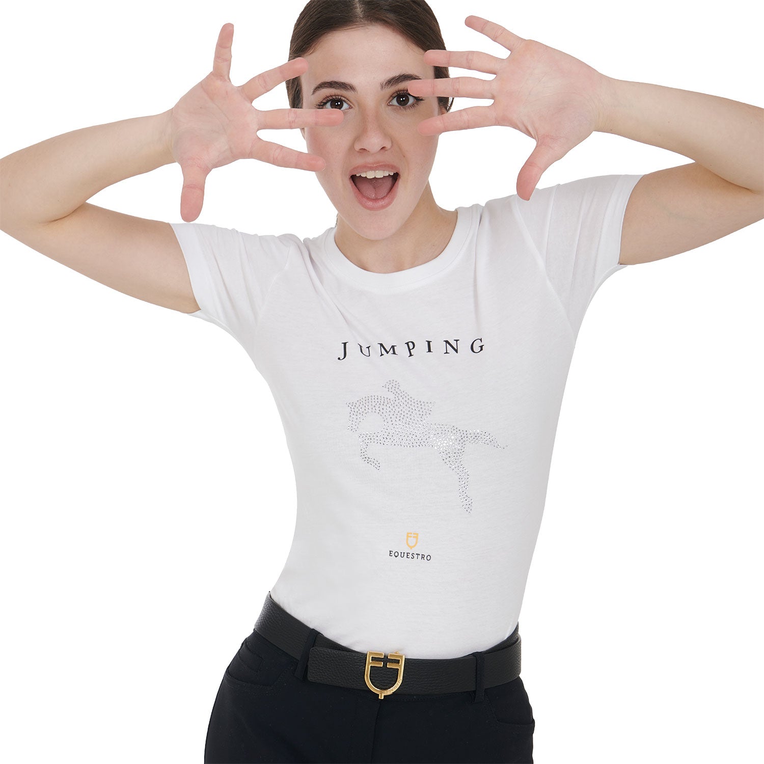 T-shirt donna slim fit disegno salto con strass