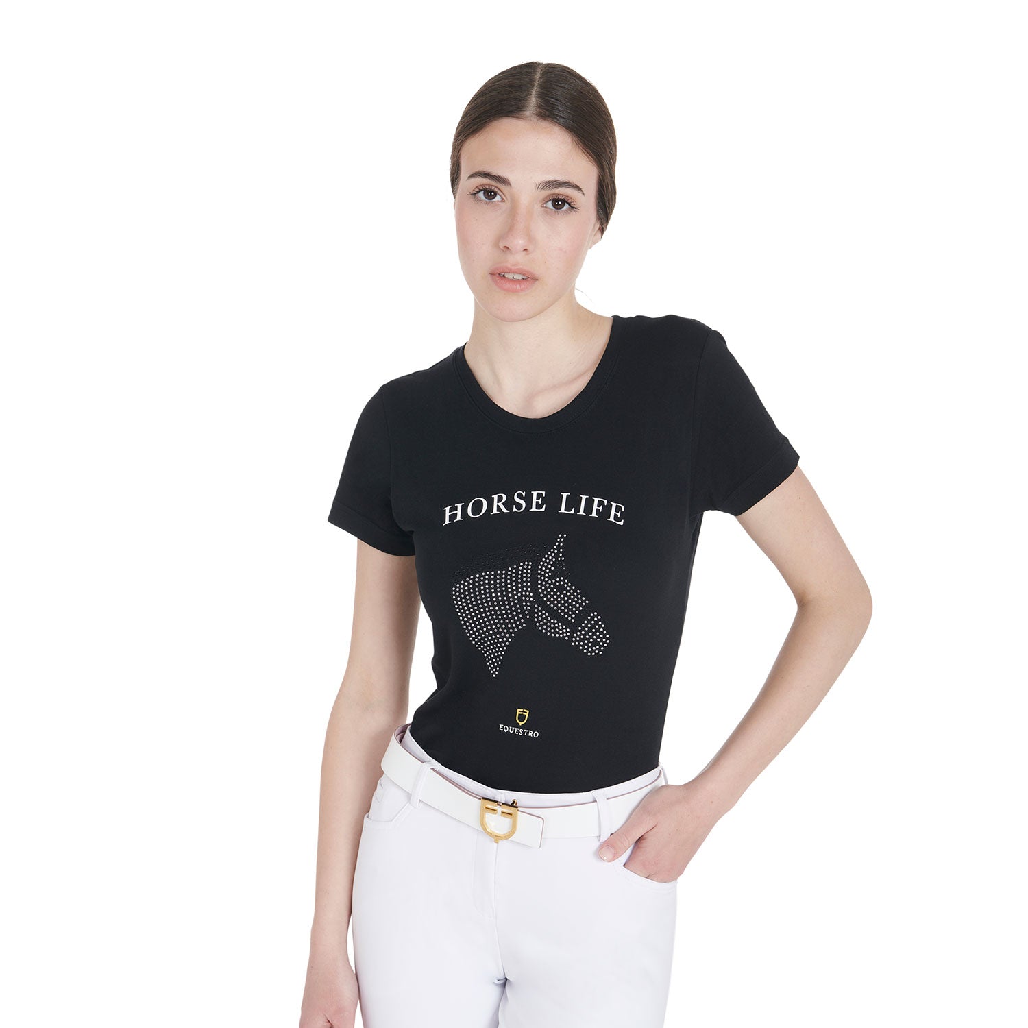 Equestro T Shirt Donna Slim Fit Horse Life con Strass