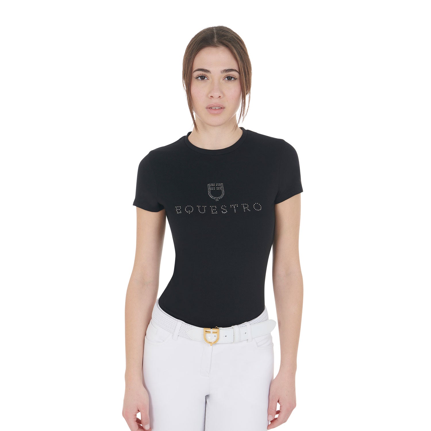 T-shirt donna slim fit in cotone con stampa Equestro strass sul petto