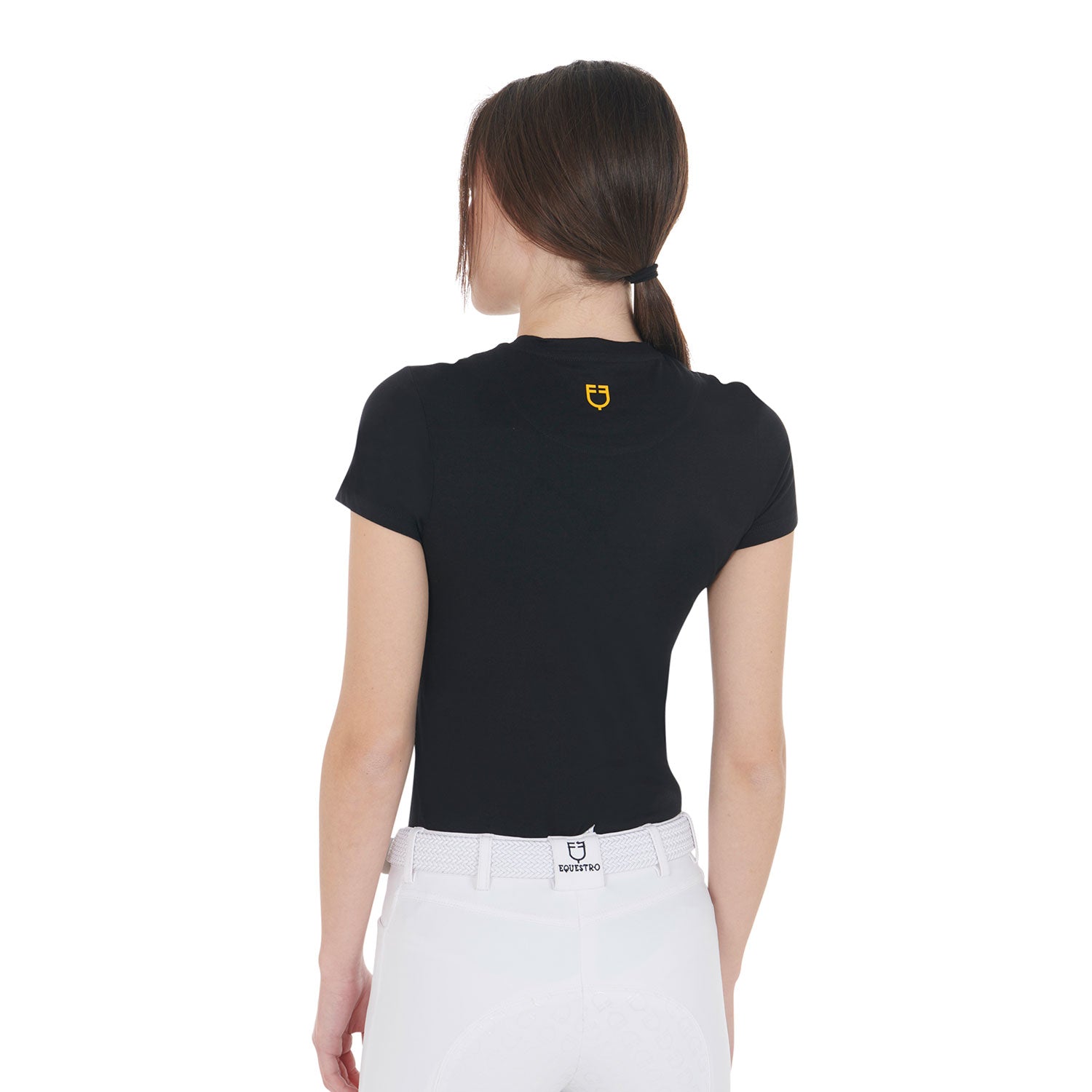 T-shirt donna slim fit in cotone con stampa Equestro strass sul petto