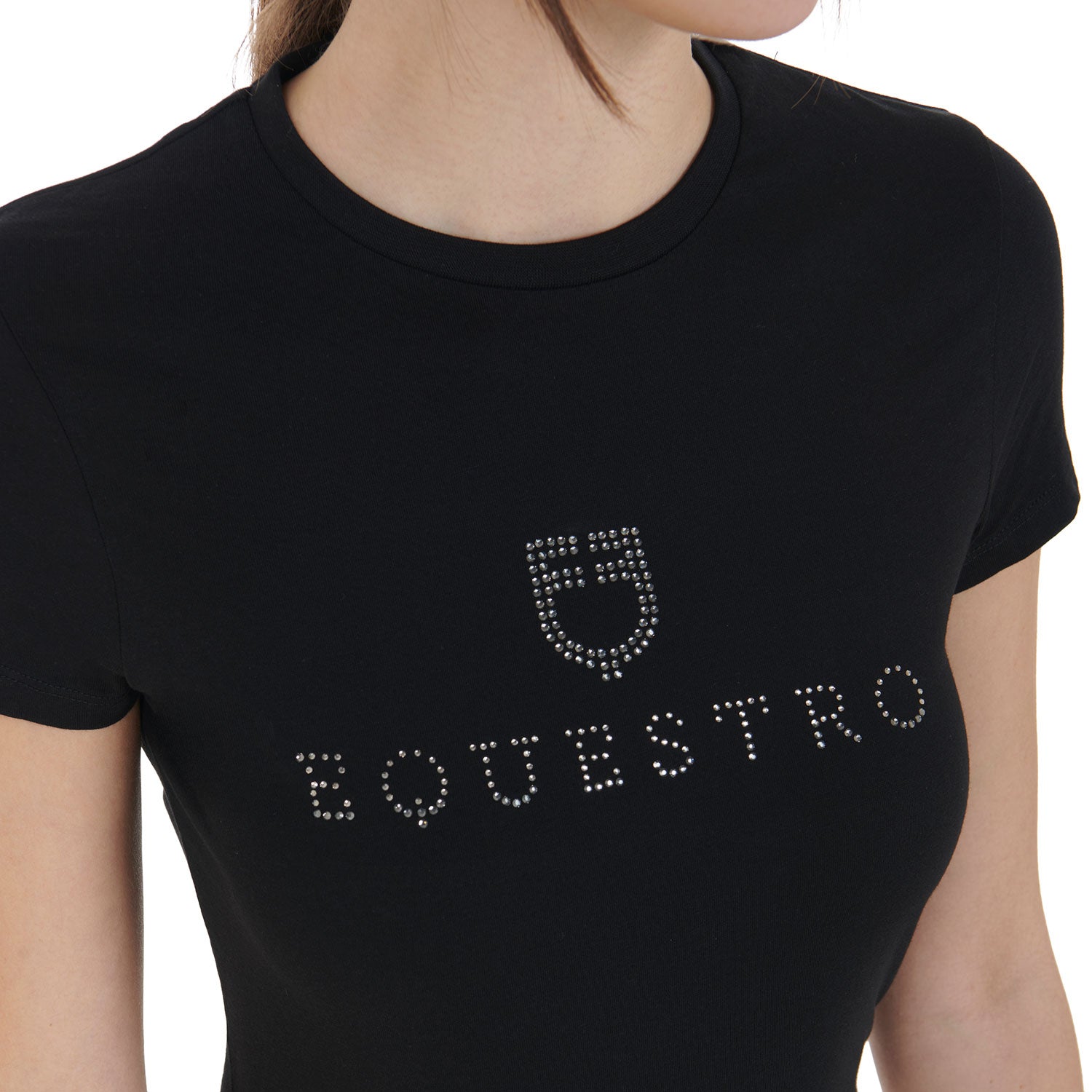 T-shirt donna slim fit in cotone con stampa Equestro strass sul petto
