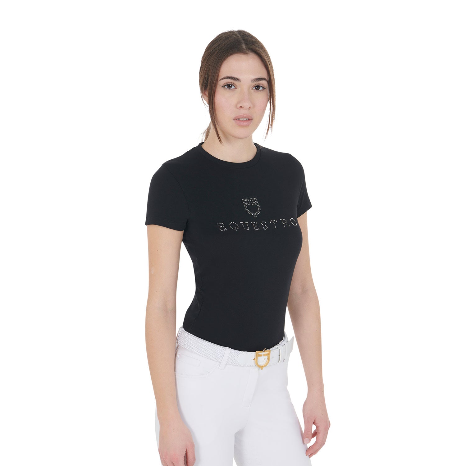 T-shirt donna slim fit in cotone con stampa Equestro strass sul petto