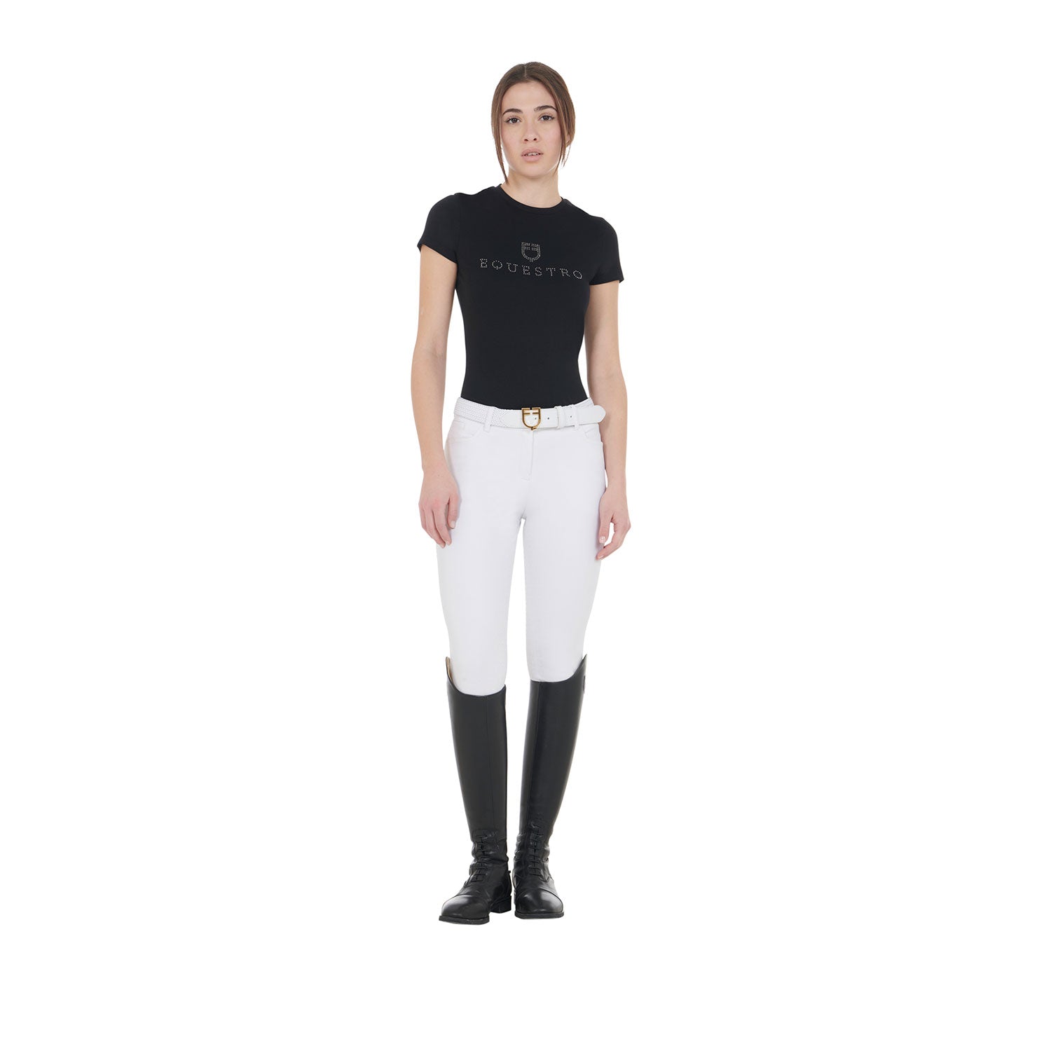 T-shirt donna slim fit in cotone con stampa Equestro strass sul petto