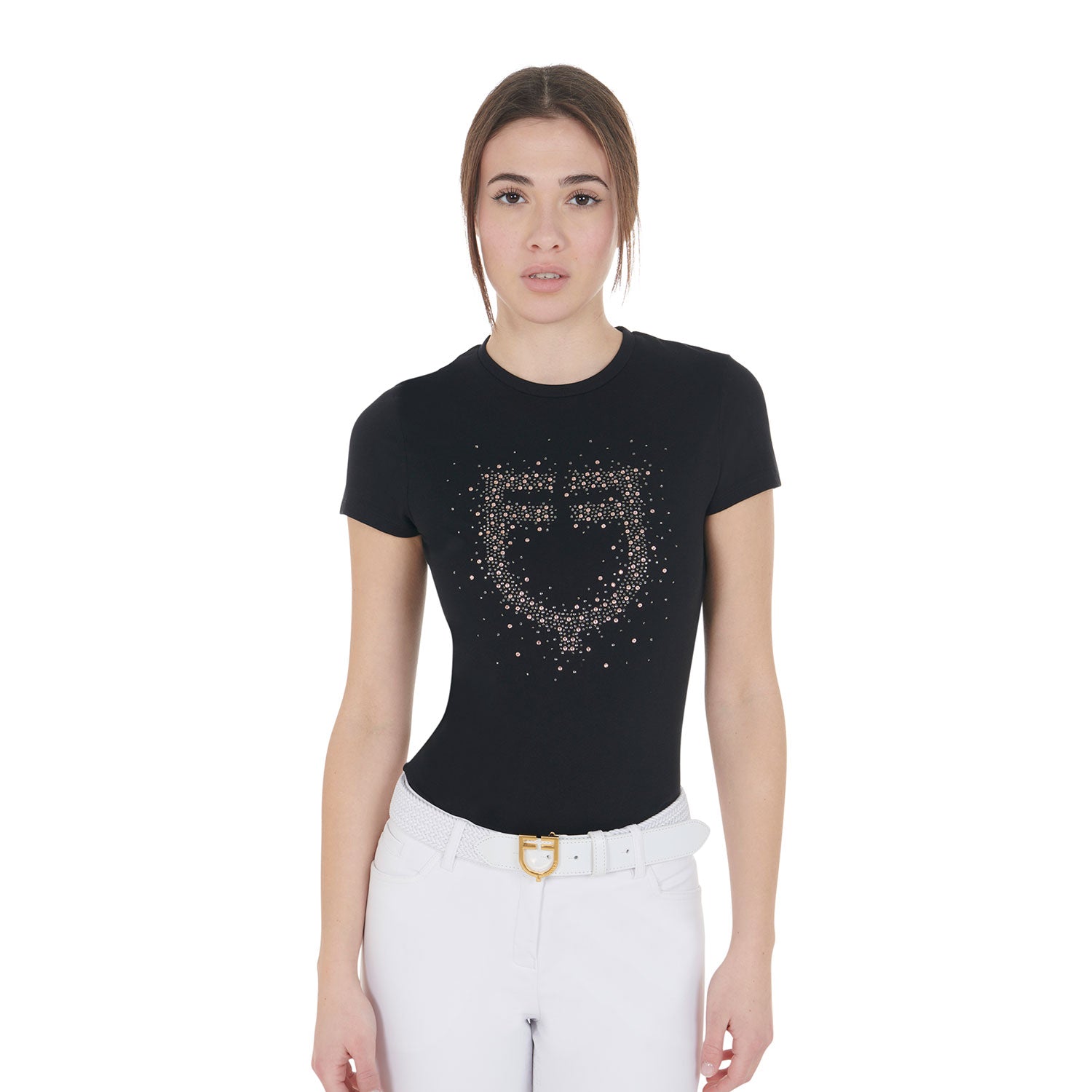 T-shirt donna slim fit logo Equestro strass rosa