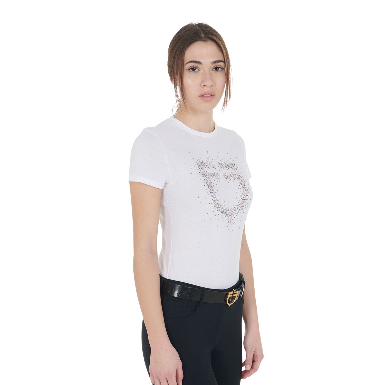 T-shirt donna slim fit logo Equestro strass rosa