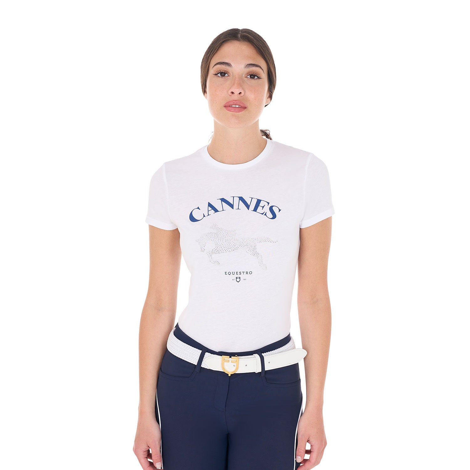 T-shirt donna Equestro Cannes in cotone con strass