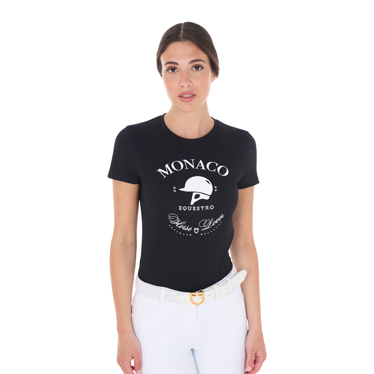 T-shirt donna Equestro Monaco in cotone con strass