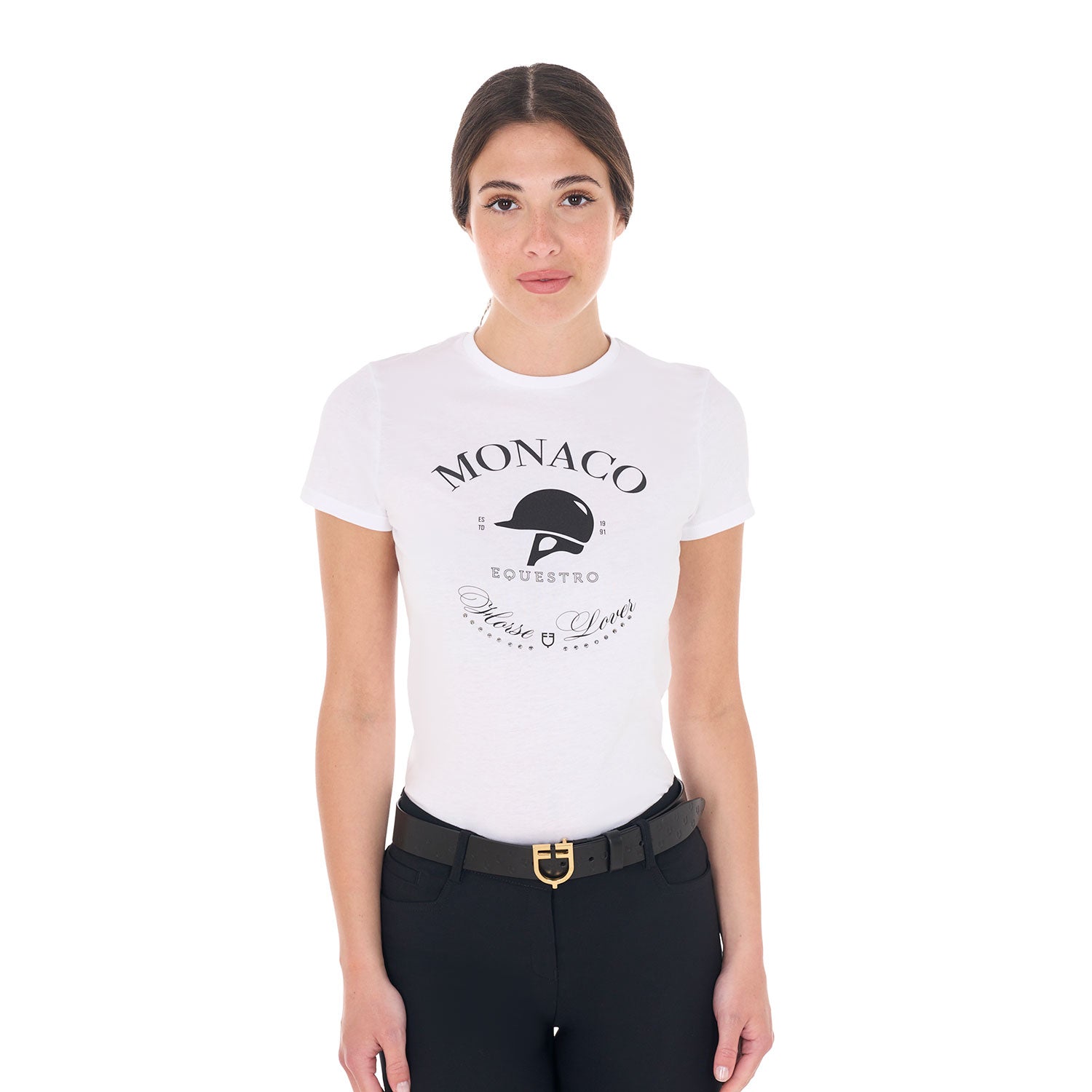 T-shirt donna Equestro Monaco in cotone con strass