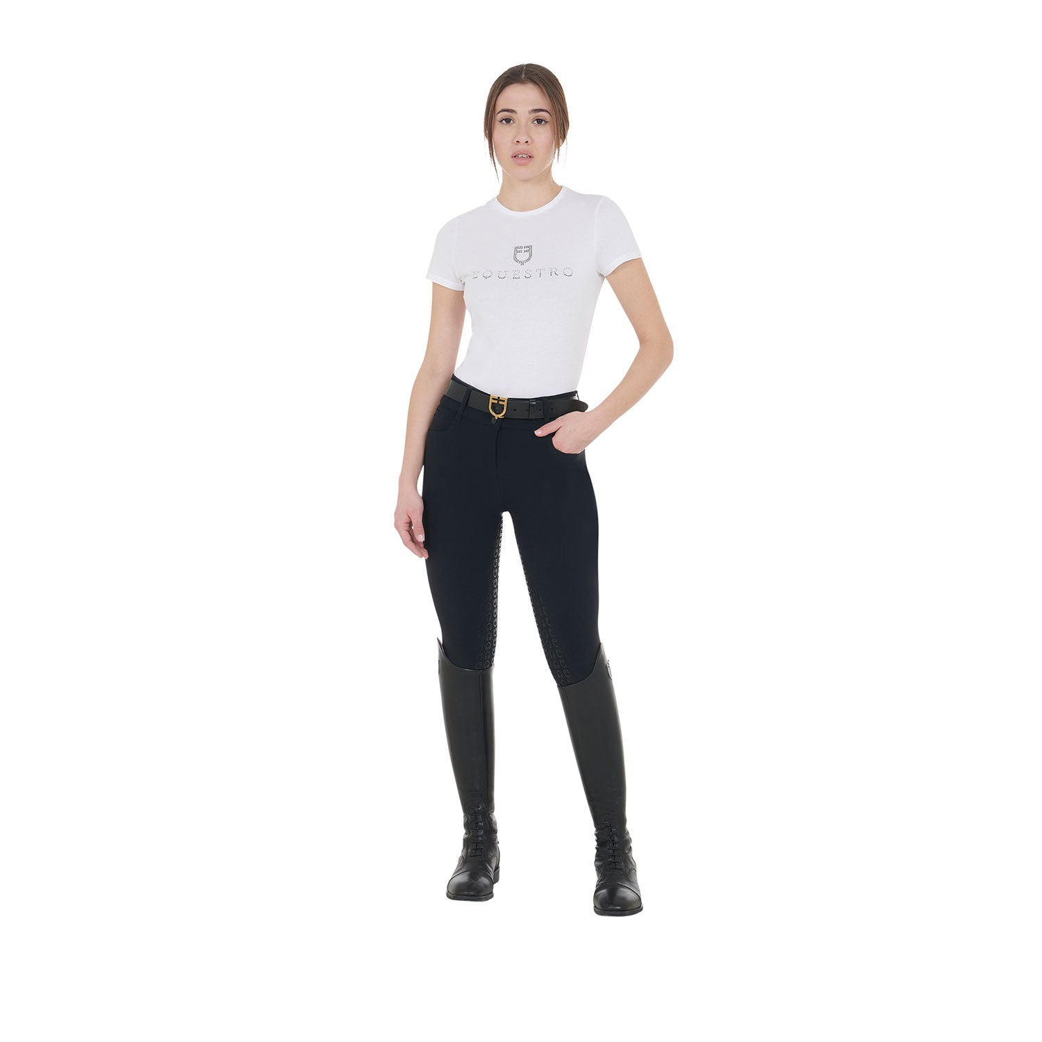 Equestro Pantaloni Donna a Vita Alta con Grip Ginocchio e Fodera in Pile