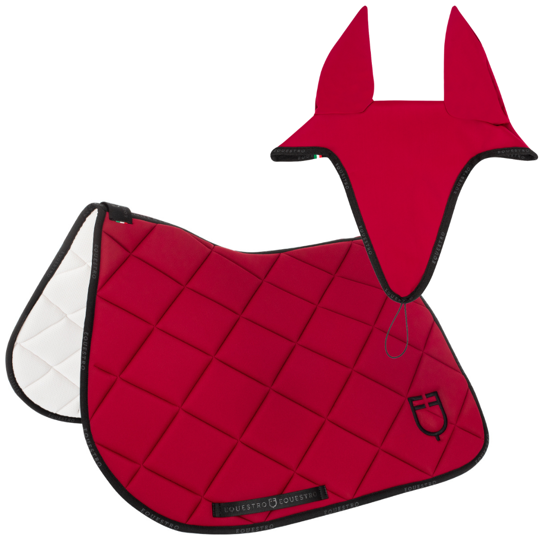 Kit Sottosella e Cuffietta Rosso da salto Equestro con logo in tessuto tecnico