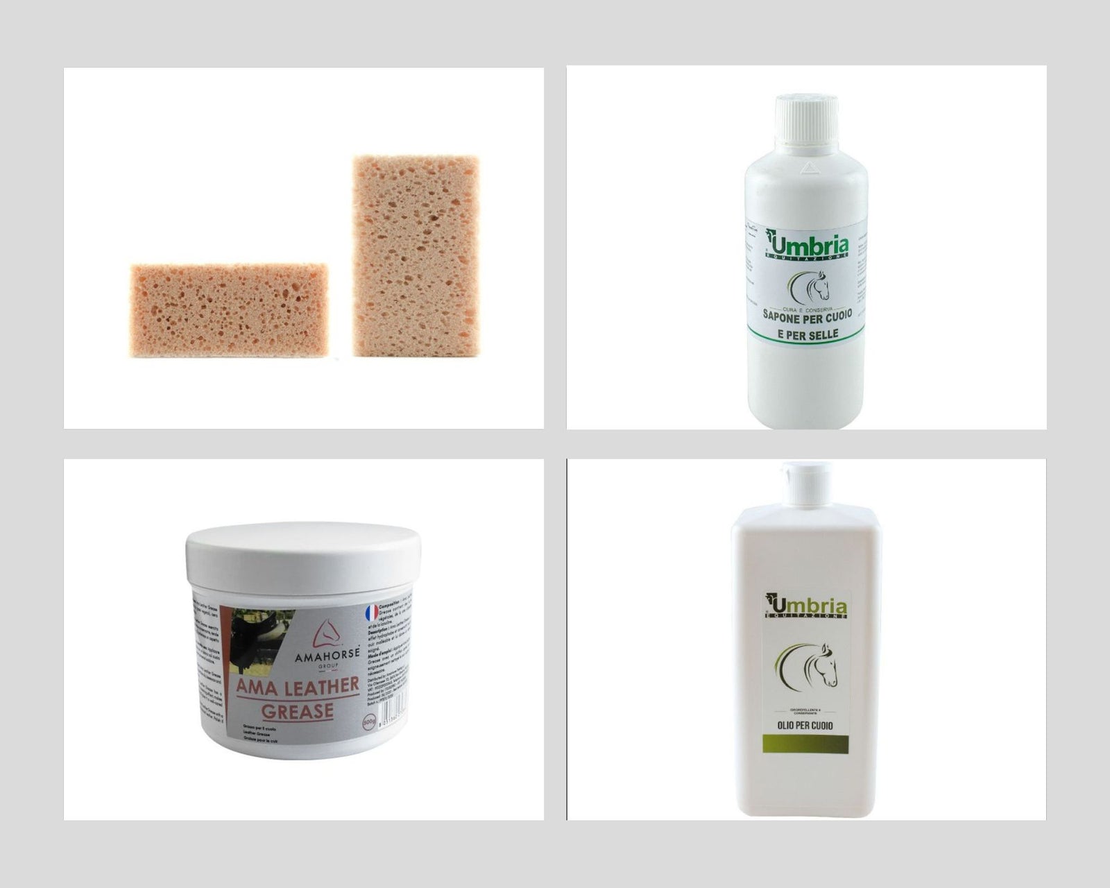 Kit Pulizia cuoio specifico per sella: Sapone, Olio, Grasso, Spugna