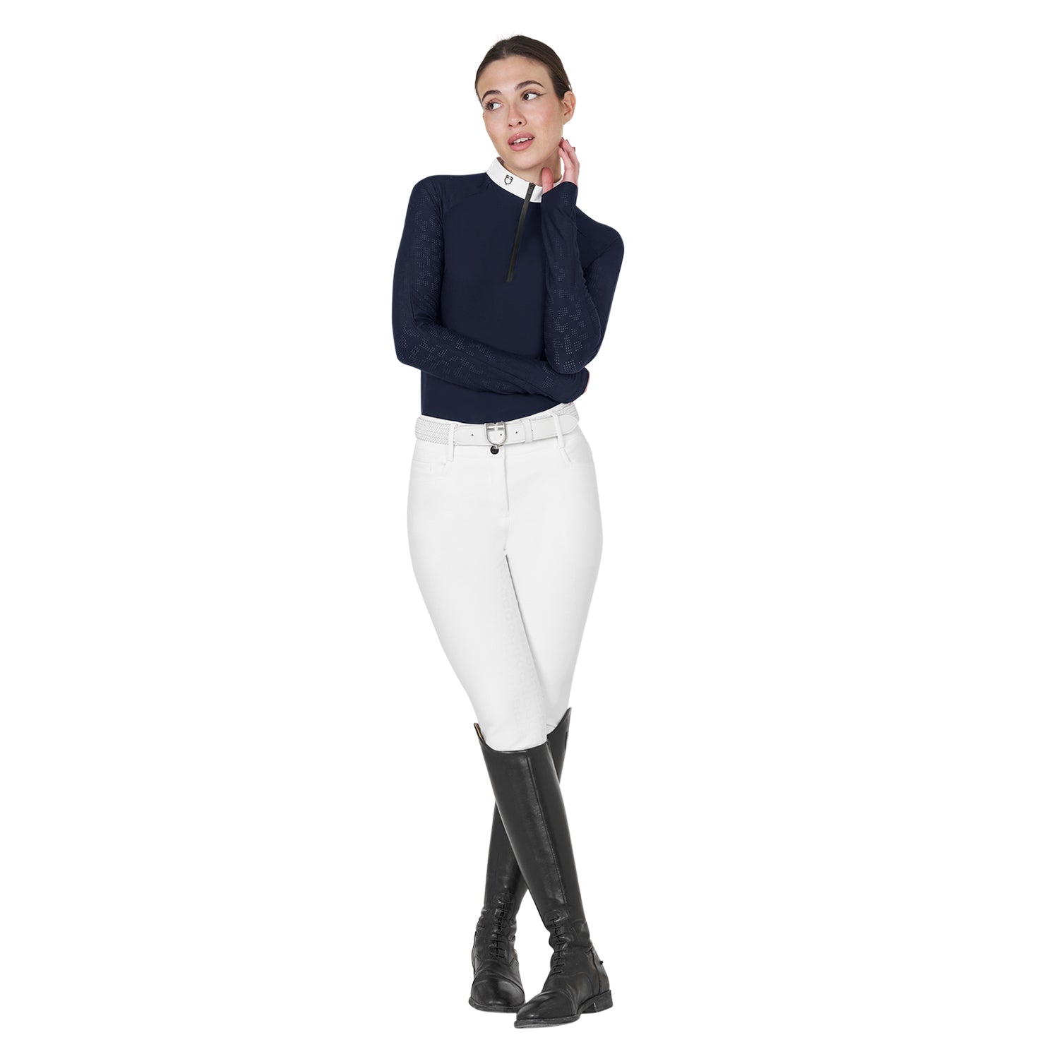 Equestro women's tulle stretch competition polo shirt ls zip - Colore NAVY BLAZER (19-3923)