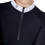 Equestro women's tulle stretch competition polo shirt ls zip - Colore BLACK
