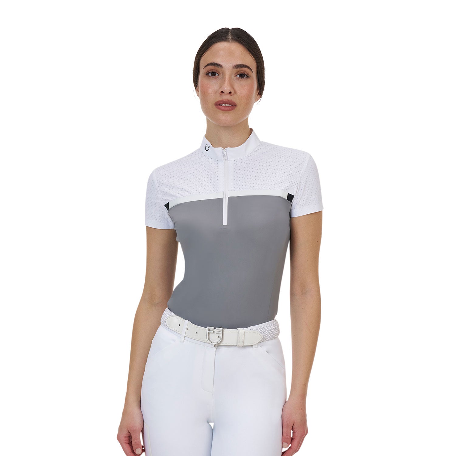 Equestro women's competition ridertechnology polo shirt ss with zip - neutra