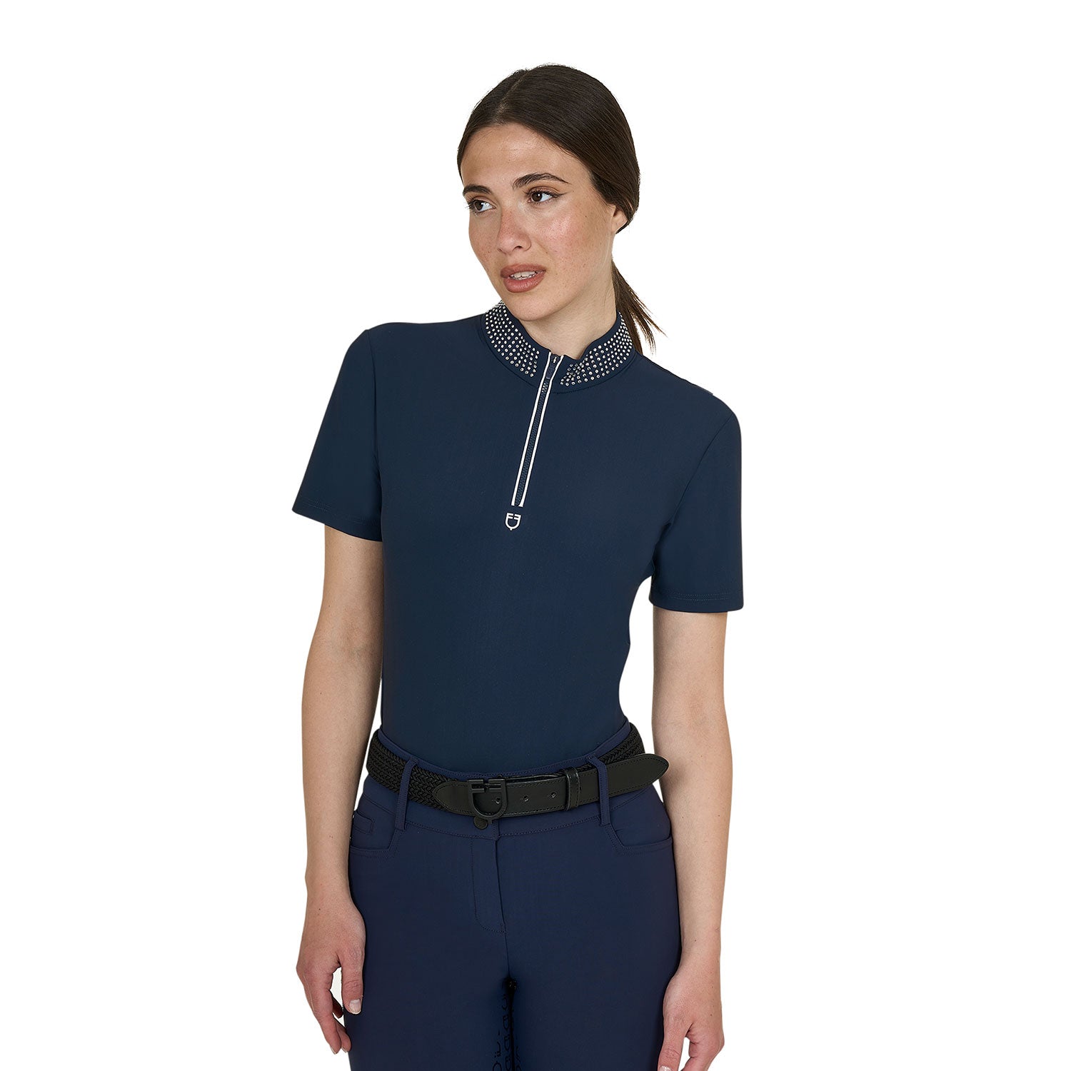Equestro women's collar strass training polo shirt ss zip - Colore NAVY BLAZER (19-3923)