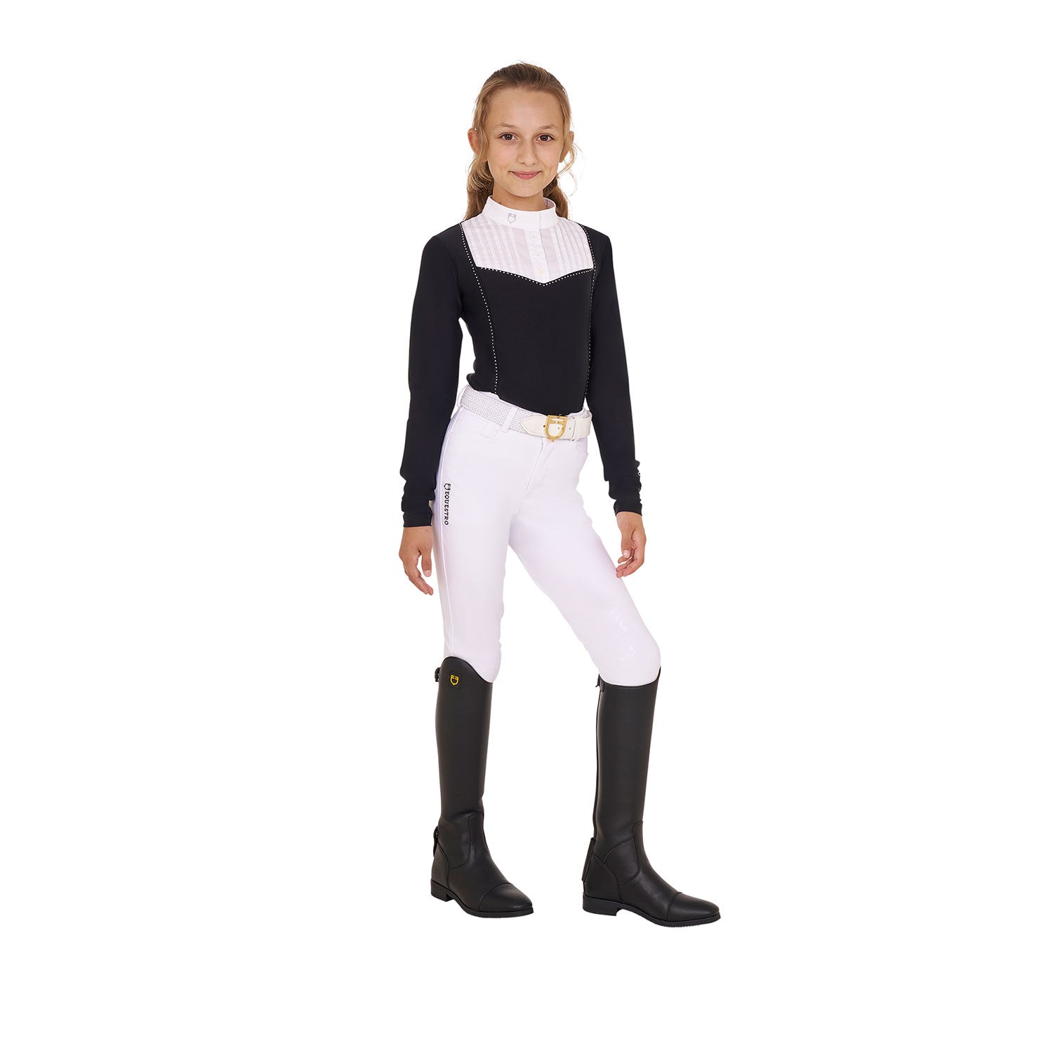 Equestro girl's rhinestone competition polo shirt ls buttons - Colore BLACK