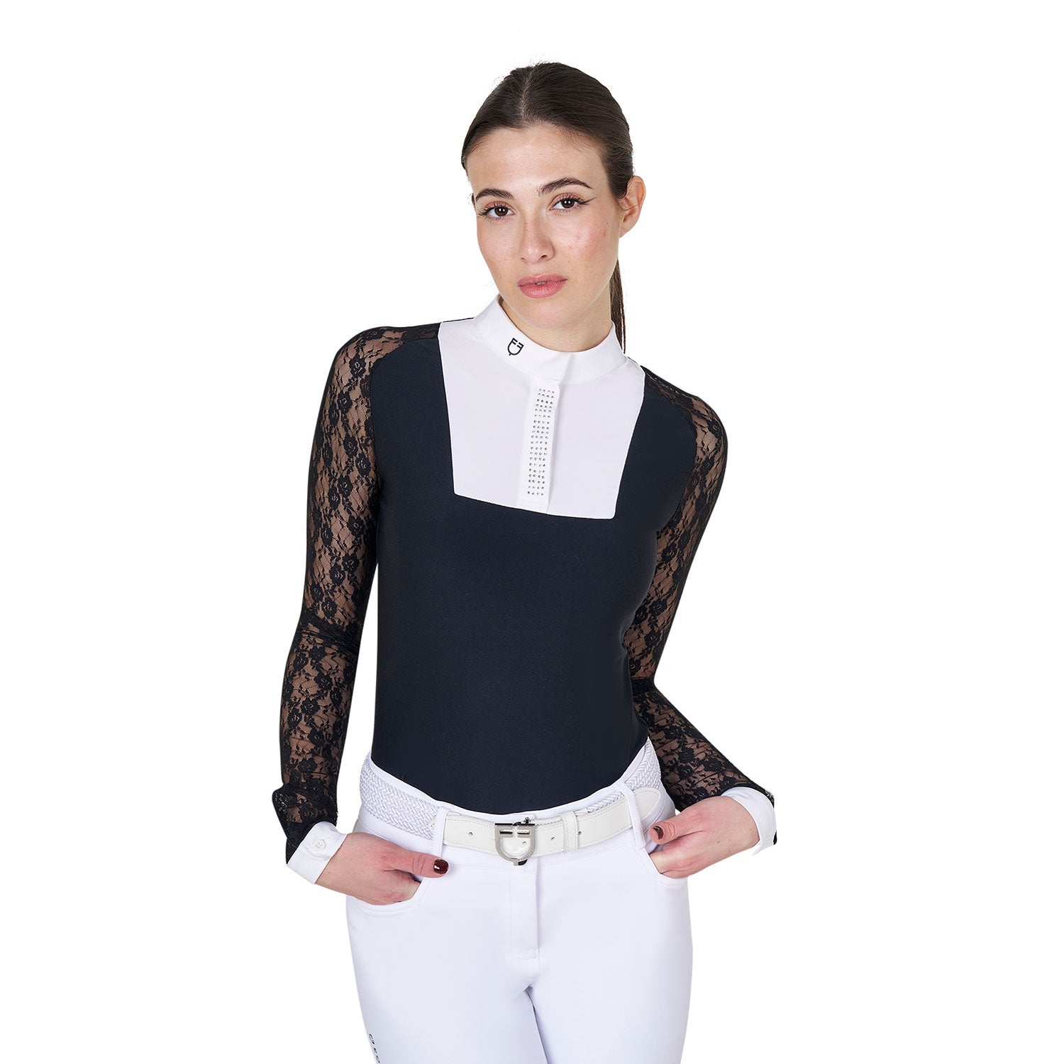 Equestro women's  black label collection competition lace polo shirt ls button - Colore BLACK