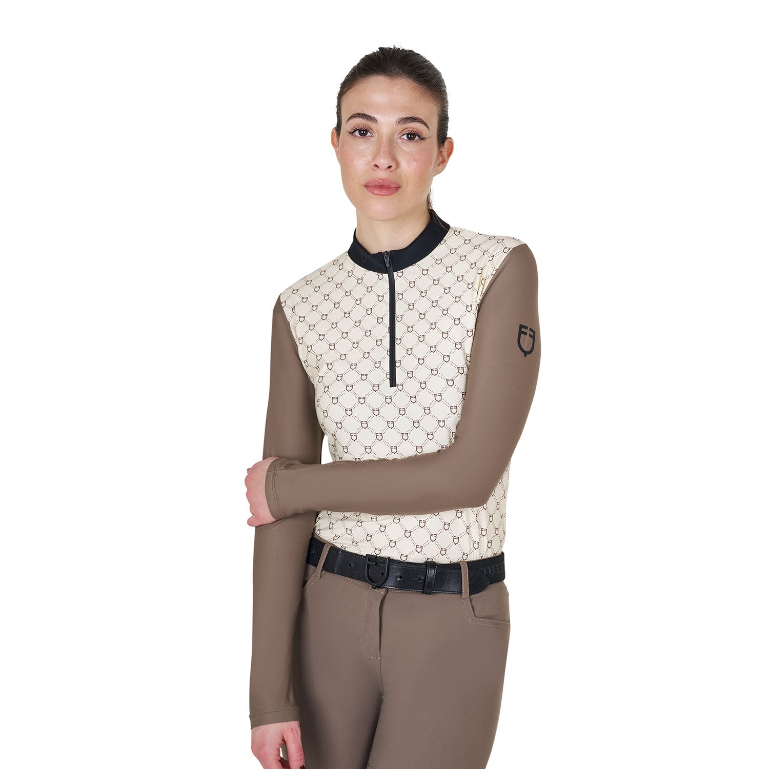 Equestro women's training monogram print polo shirt ls zip - neutra