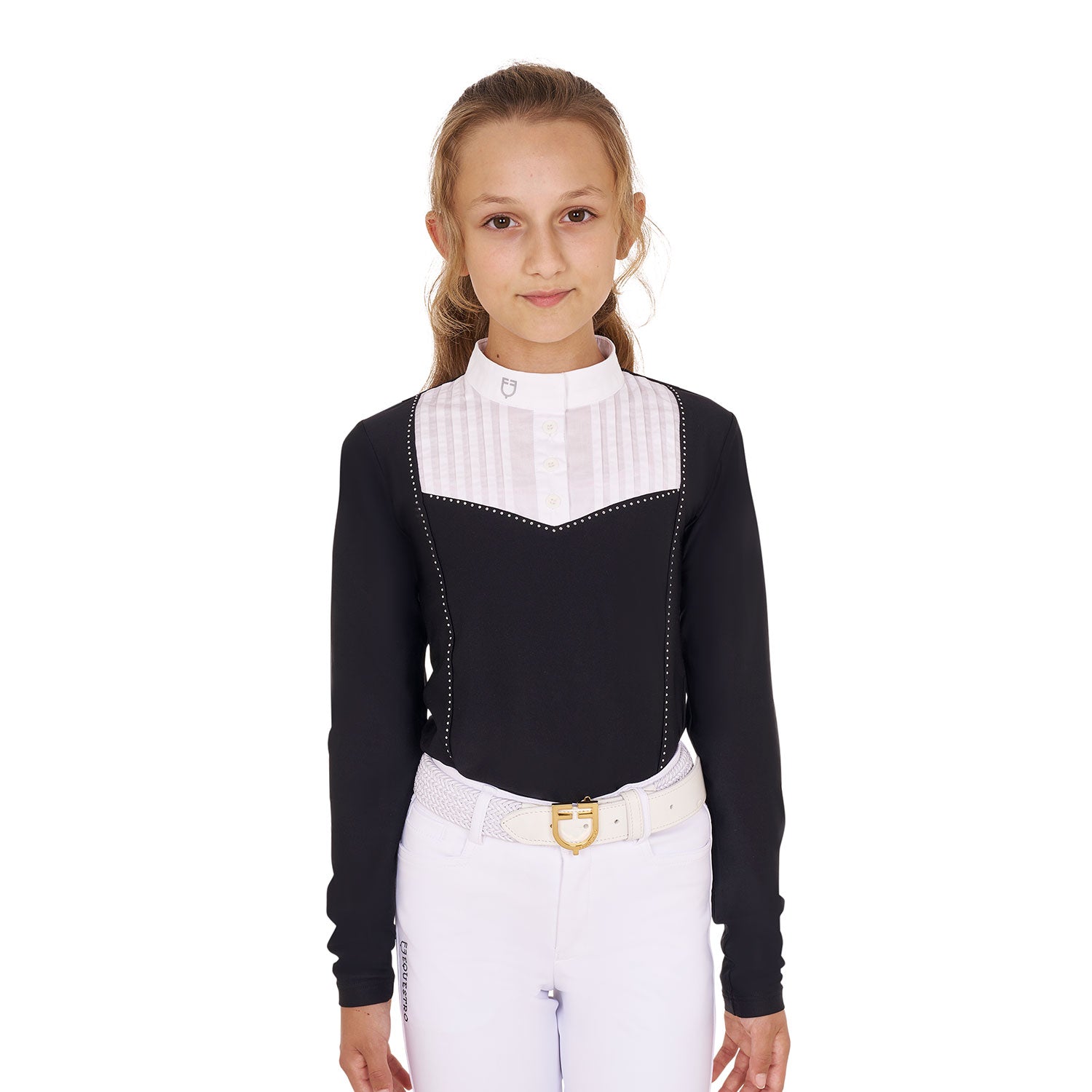 Equestro girl's rhinestone competition polo shirt ls buttons - neutra