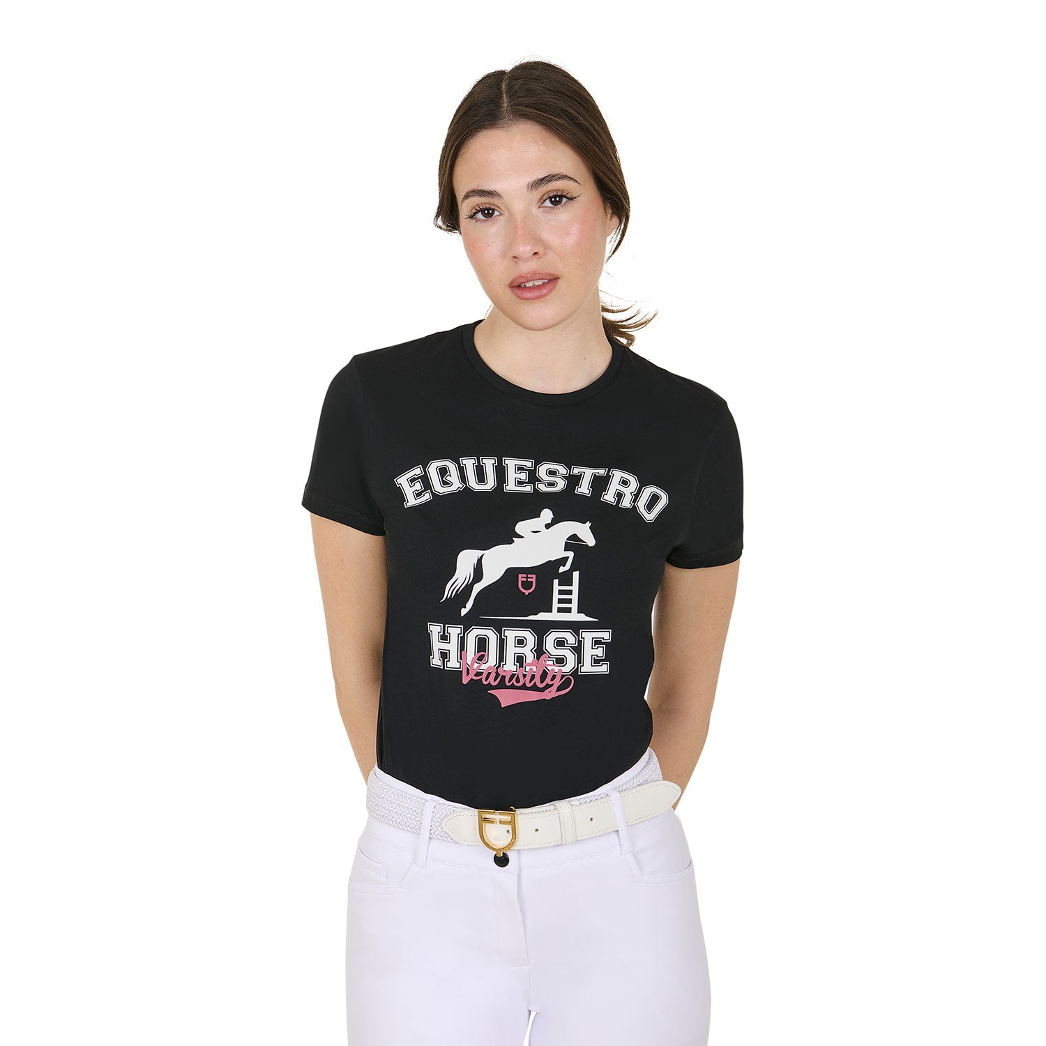 Equestro women's horse varsity cotton t-shirt - neutra