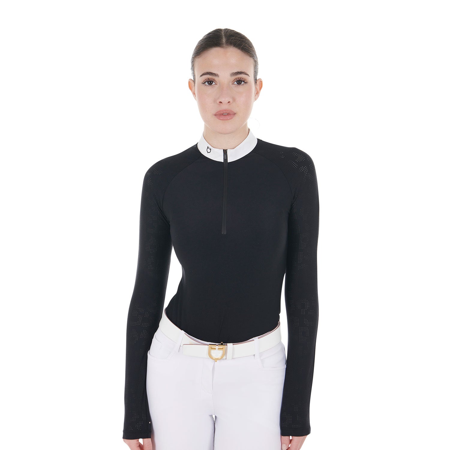 Equestro women's tulle stretch competition polo shirt ls zip - neutra