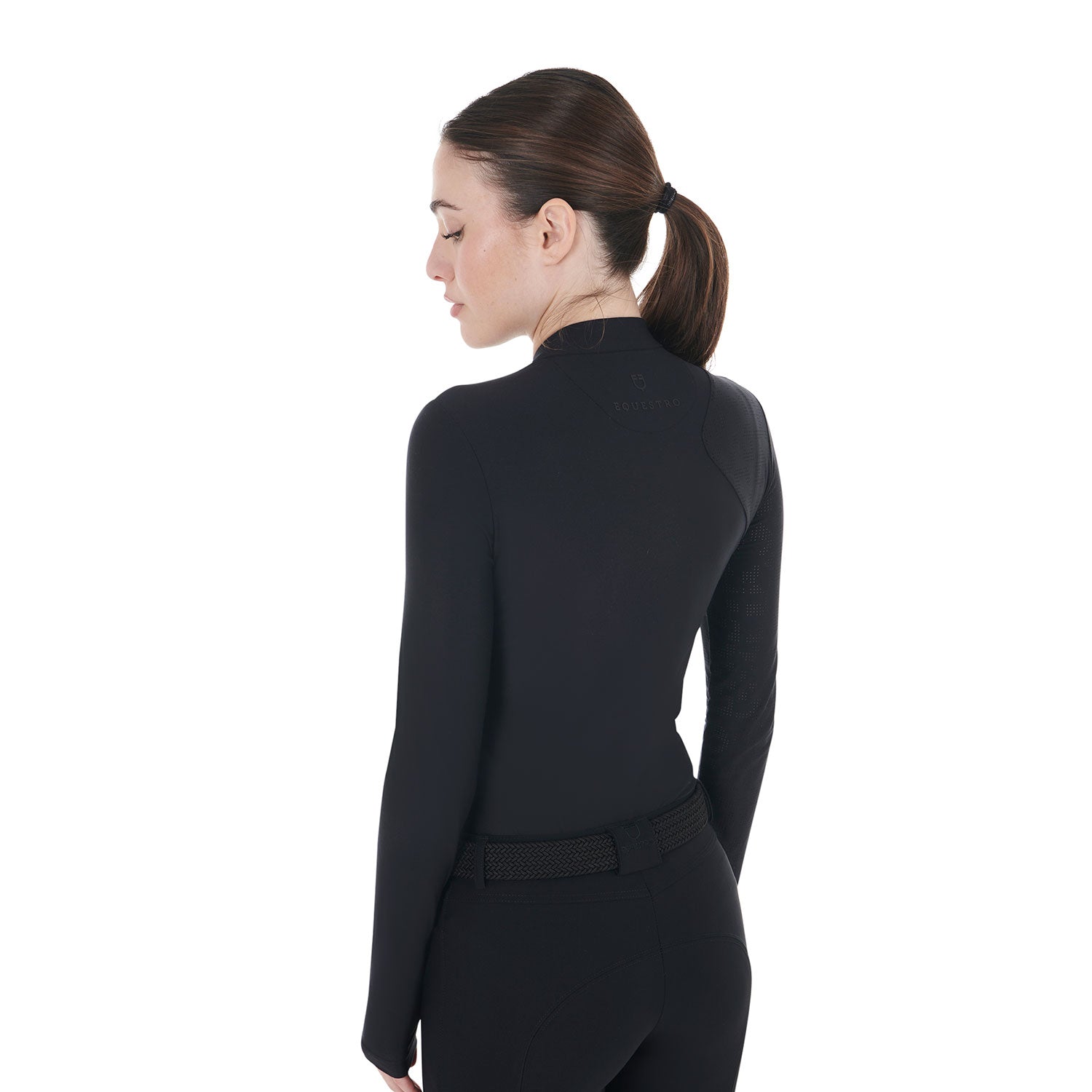 Equestro women's tulled stretch training polo shirt ls zip - Colore BLACK