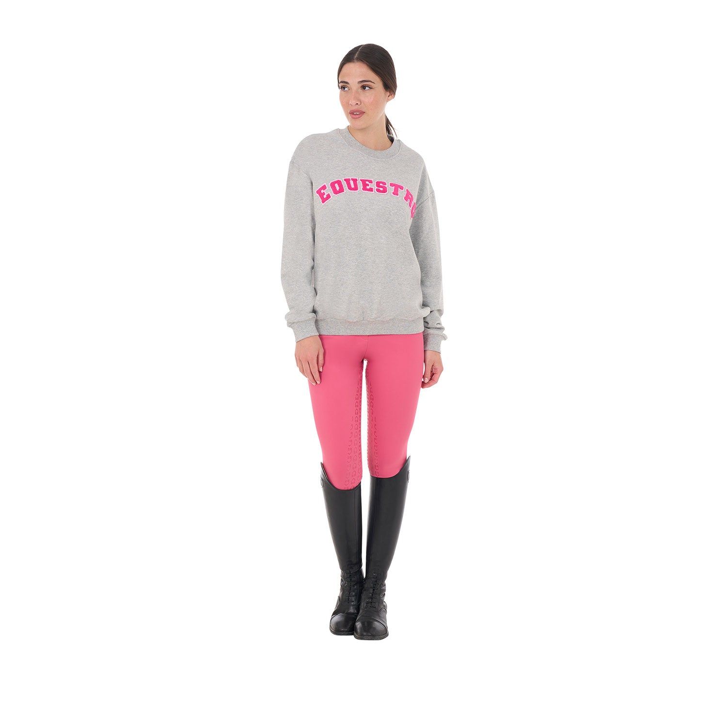 Equestro women's sponge stitch letter sweatshirt - Colore LIGHT GREY MELANGE/HONEYSUCKLE (18-2120)