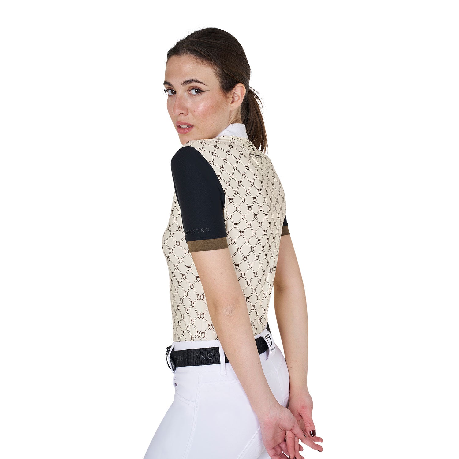 Equestro women's competition monogram print polo shirt ss zip - Colore ANTIQUE WHITE (11-0105)/WALNUT (18-1112)