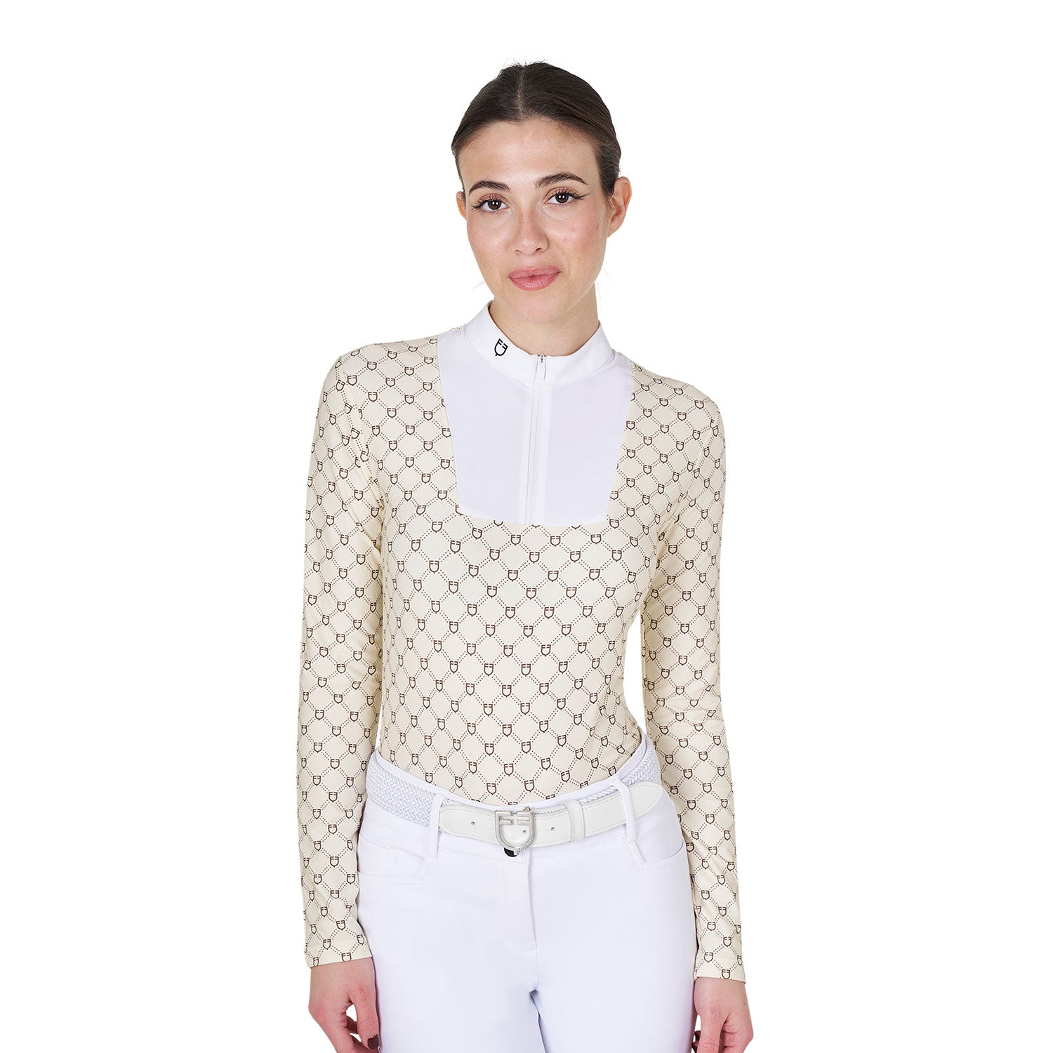 Equestro women's competition monogram print polo shirt ls zip - neutra