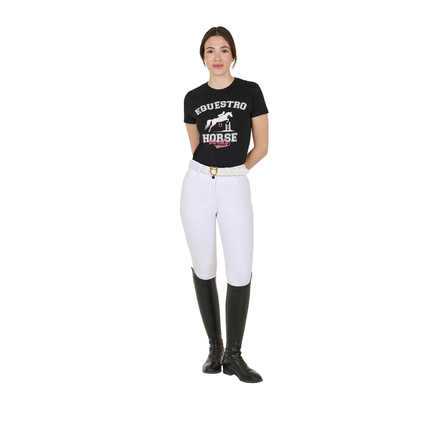 Equestro women's horse varsity cotton t-shirt - Colore BLACK